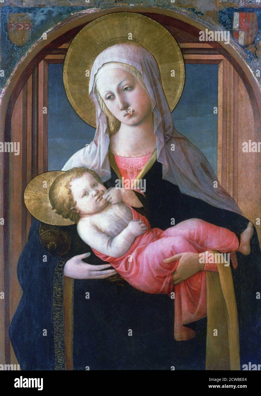 The Virgin and Child', c1450-1460 artiste: Filipino Lippi. Le blason de l'épand gauche est celui de la famille florentine Strozzi. Il s'agit d'un ajout ultérieur et peut ne pas avoir fait partie de la commission initiale. Banque D'Images