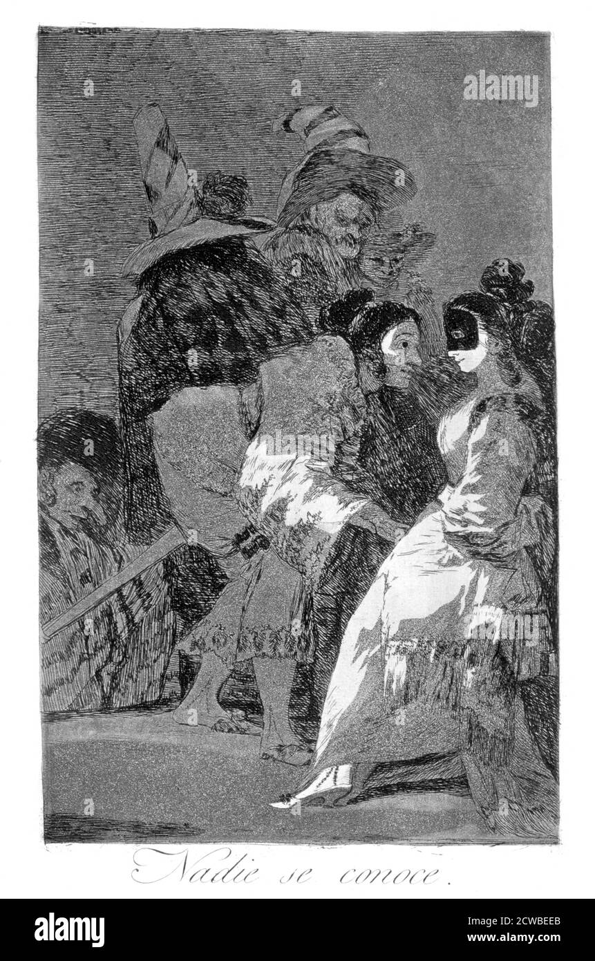Personne ne se connaît lui-même", 1799 artiste: Francisco Goya. Assiette 6 de 'Los Caprichos'. Los Caprichos est un ensemble de 80 tirages en aquatinte et gravure créés par l'artiste espagnol Francisco Goya en 1797 et 1798, et publiés comme un album en 1799. Banque D'Images
