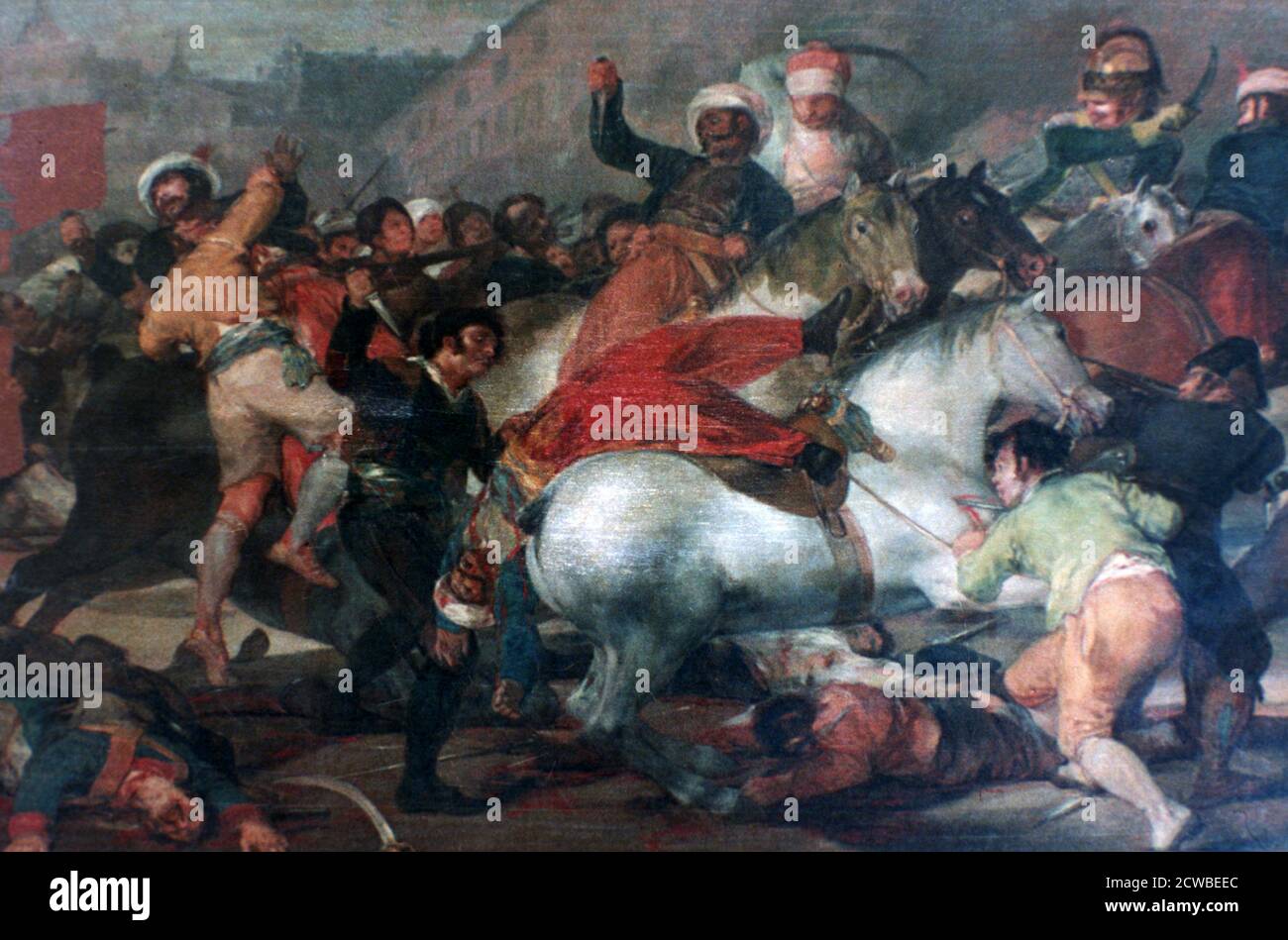 'Le deuxième de mai 1808: Charge des Mamelukes', 1814 artiste: Francisco Goya. Commandé en 1814, après l'expulsion de l'armée de Napoléon d'Espagne, Goya dépeint les citoyens de Madrid comme des héros inconnus utilisant des armes brutes pour attaquer une armée professionnelle d'occupation. Cela ne s'est pas bien passé avec le roi - les peintures n'ont pas été accrochées publiquement jusqu'à de nombreuses années (et les gouvernements) plus tard. Banque D'Images