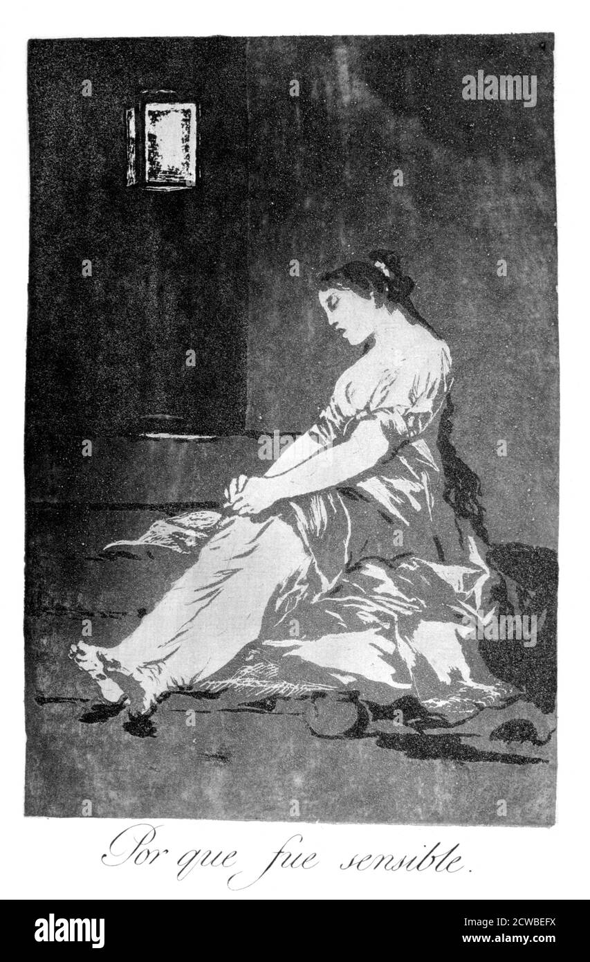 "Parce qu'elle était sensible", 1799 artiste: Francisco Goya. Assiette 32 de 'Los Caprichos'. Los Caprichos est un ensemble de 80 tirages en aquatinte et gravure créés par l'artiste espagnol Francisco Goya en 1797 et 1798, et publiés comme un album en 1799. Banque D'Images