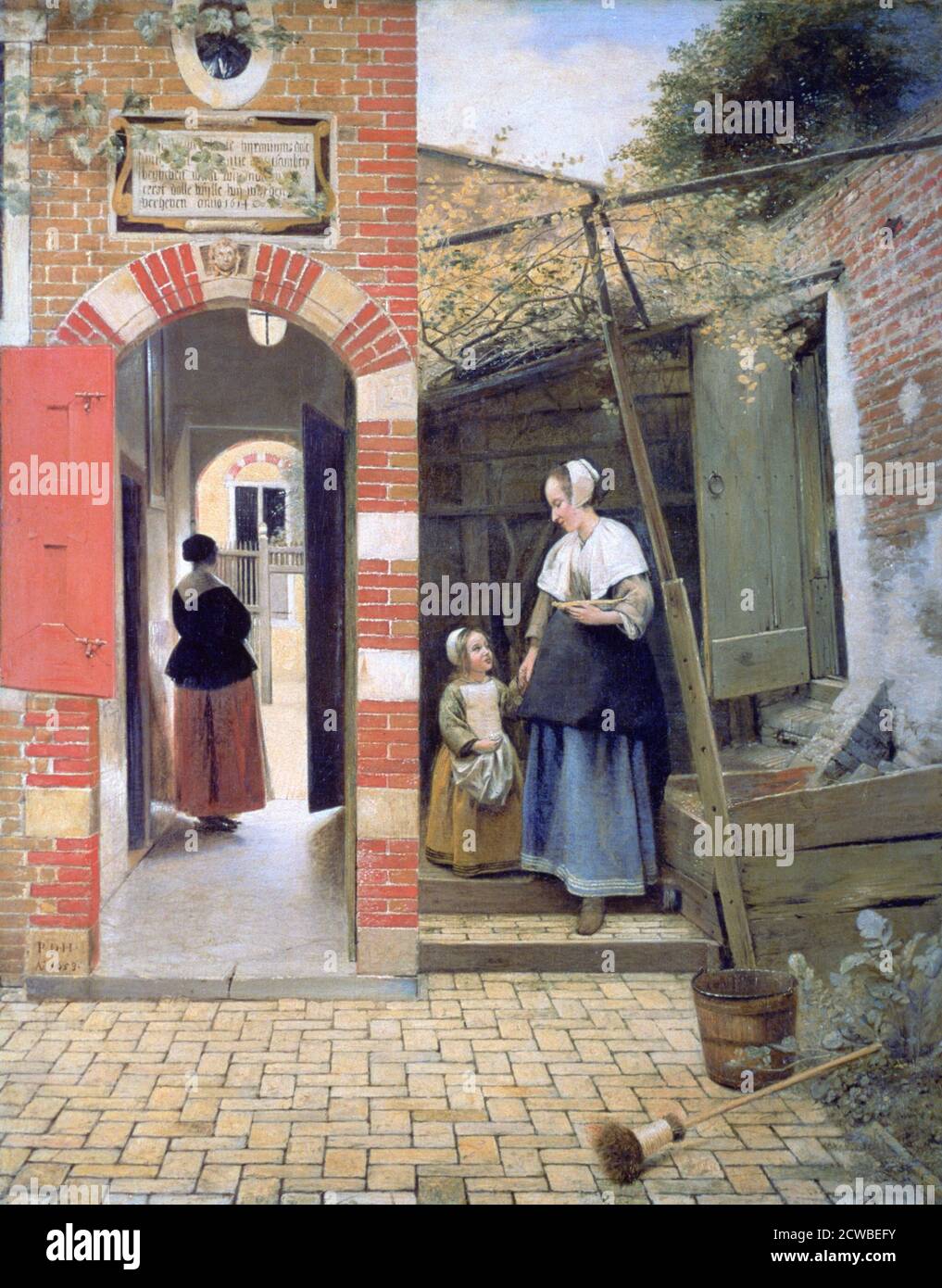 Cour d'une maison à Delft, 1658. Artiste: Pieter de Hooch. Pieter de Hooch (1629-1684) était un peintre hollandais de l'âge d'or célèbre pour ses œuvres de genre de scènes domestiques tranquilles. Banque D'Images