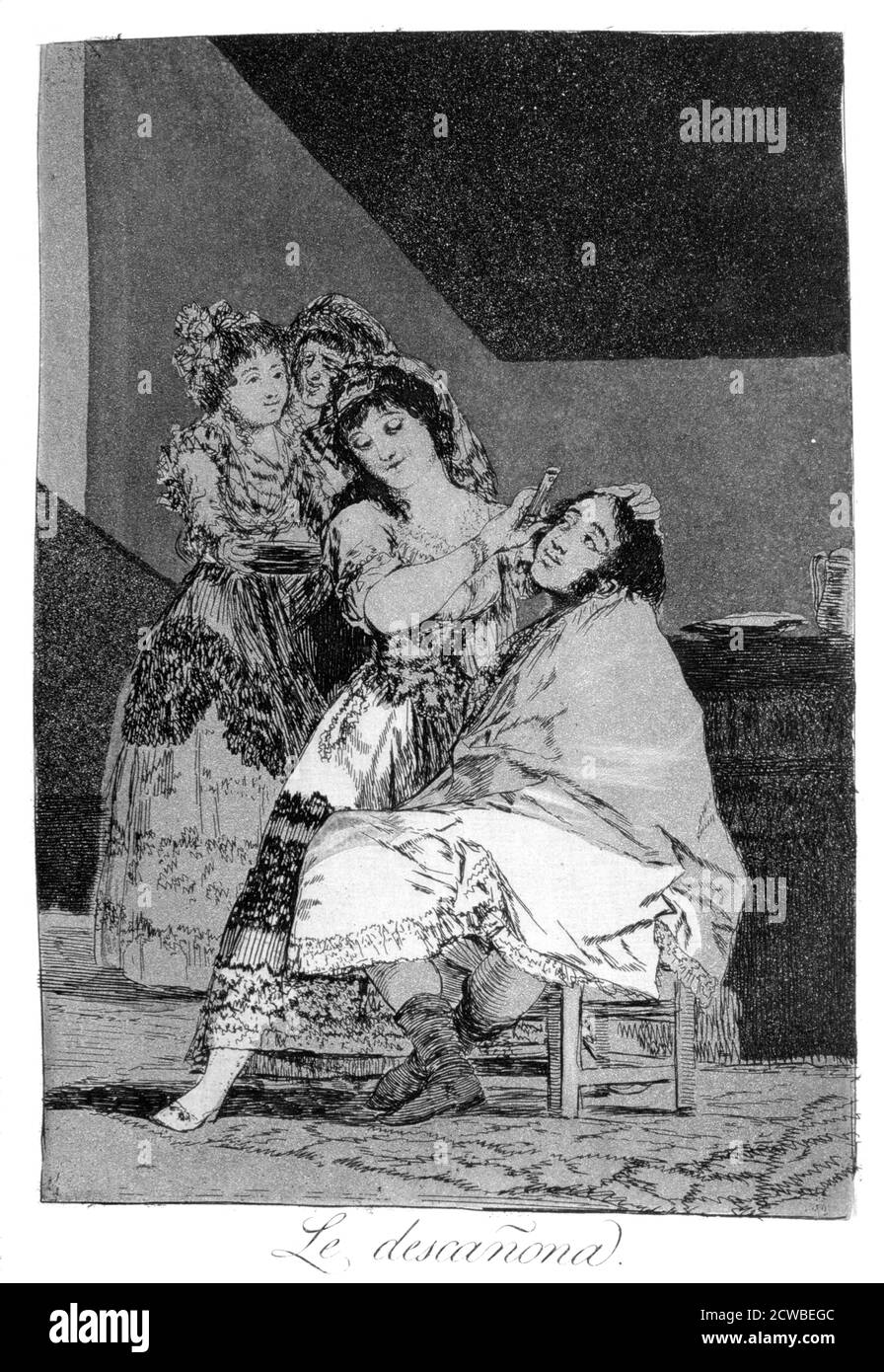 'Il lui flotte', 1799 artiste: Francisco Goya. Assiette 35 de 'Los Caprichos'. Los Caprichos est un ensemble de 80 tirages en aquatinte et gravure créés par l'artiste espagnol Francisco Goya en 1797 et 1798, et publiés comme un album en 1799. Banque D'Images