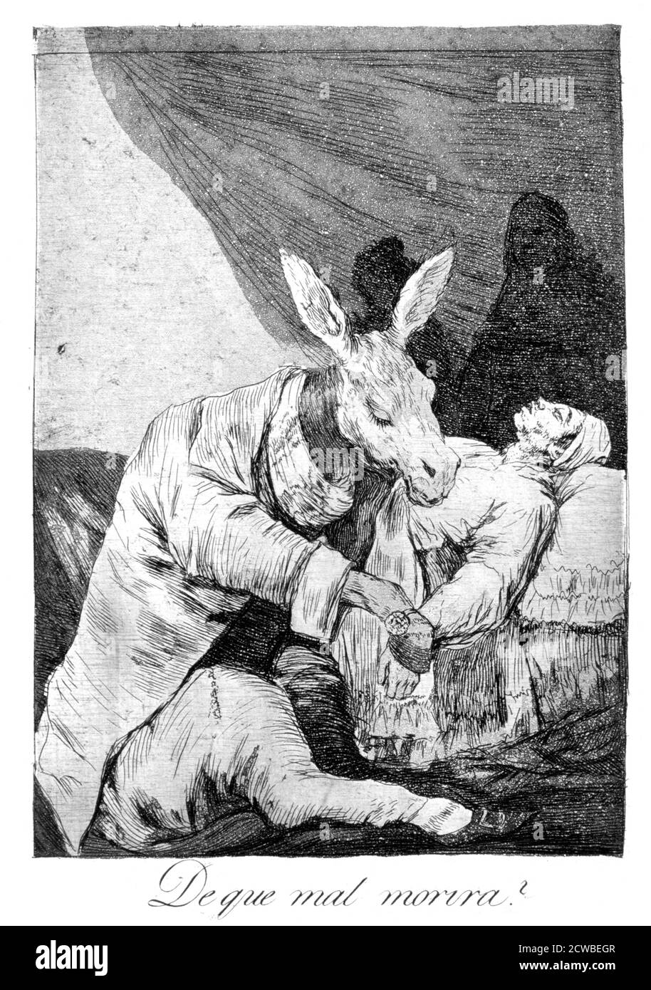 De quoi il meurt malade?", 1799 artiste: Francisco Goya. Assiette 40 de 'Los Caprichos'. Los Caprichos est un ensemble de 80 tirages en aquatinte et gravure créés par l'artiste espagnol Francisco Goya en 1797 et 1798, et publiés comme un album en 1799. Banque D'Images