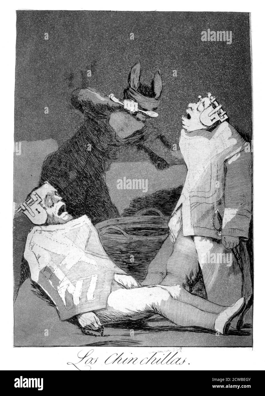 The Chinchillas, 1799 artiste: Francisco Goya. Assiette 50 de 'Los Caprichos'. Los Caprichos est un ensemble de 80 tirages en aquatinte et gravure créés par l'artiste espagnol Francisco Goya en 1797 et 1798, et publiés comme un album en 1799. Banque D'Images