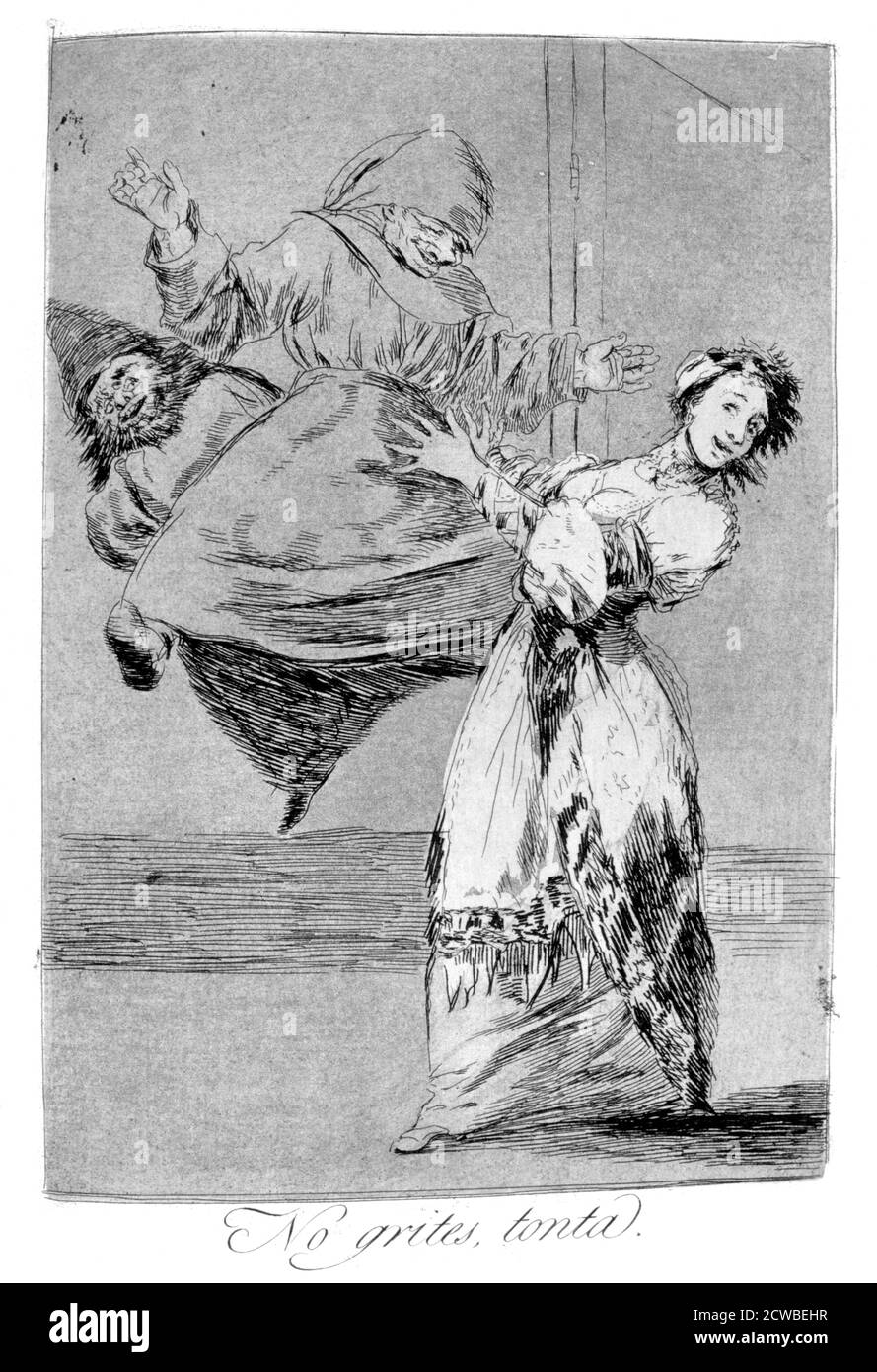 Ne criez pas vous idiot', 1799 artiste: Francisco Goya. Publié dans 'Los Caprichos'. Los Caprichos est un ensemble de 80 tirages en aquatinte et gravure créés par l'artiste espagnol Francisco Goya en 1797 et 1798, et publiés comme un album en 1799. Banque D'Images