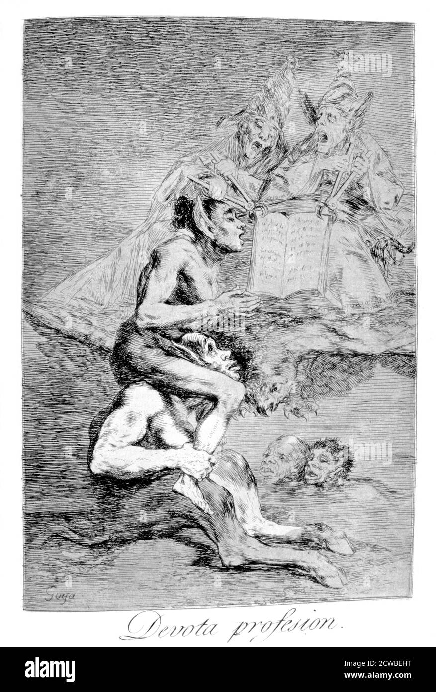 "La profession dévotée", 1799 artiste: Francisco Goya. Assiette 70 de 'Los Caprichos'. Los Caprichos est un ensemble de 80 tirages en aquatinte et gravure créés par l'artiste espagnol Francisco Goya en 1797 et 1798, et publiés comme un album en 1799. Banque D'Images