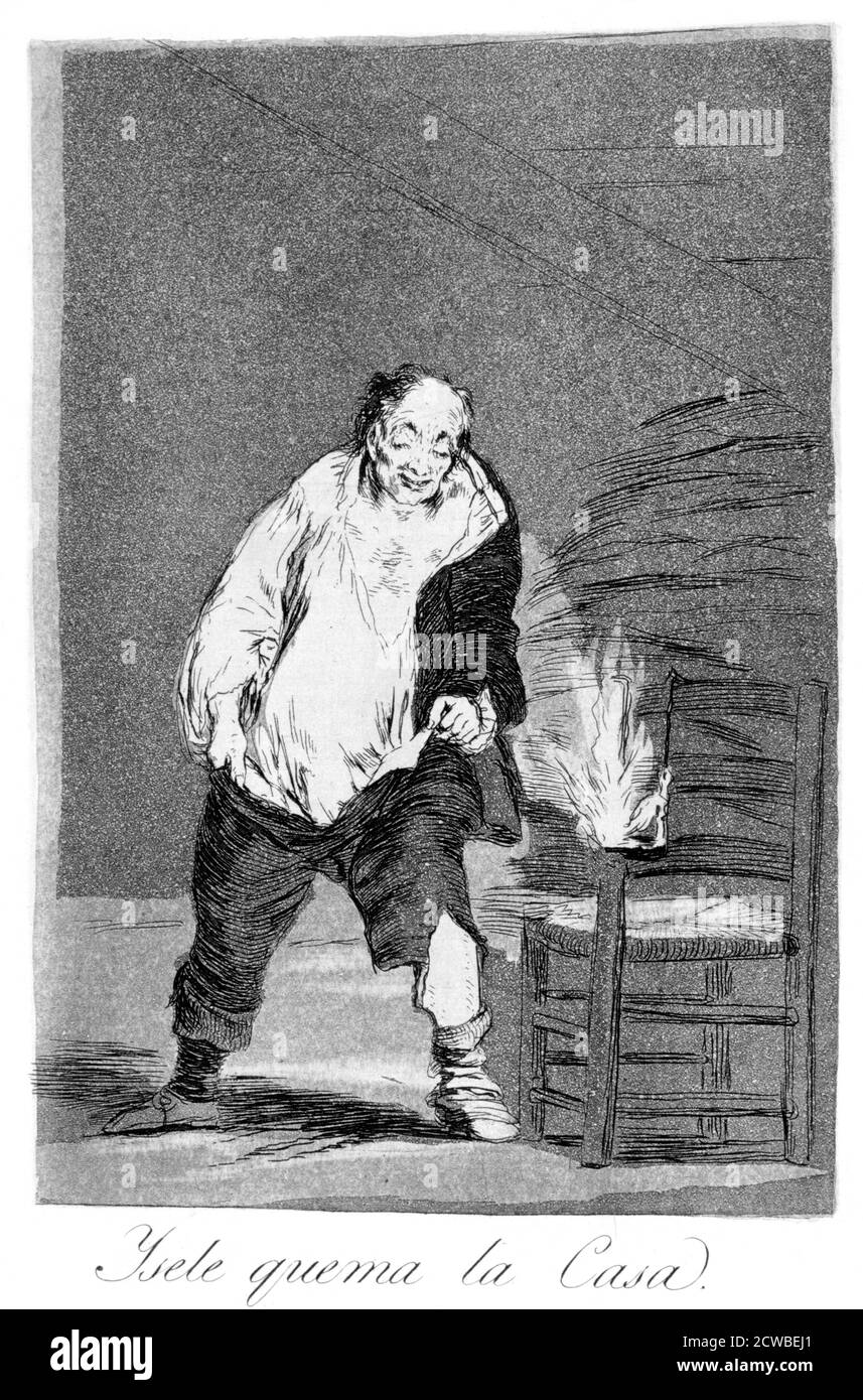 Et sa maison est en feu", 1799 artiste: Francisco Goya. Assiette 18 de 'Los Caprichos'. Los Caprichos est un ensemble de 80 tirages en aquatinte et gravure créés par l'artiste espagnol Francisco Goya en 1797 et 1798, et publiés comme un album en 1799. Banque D'Images