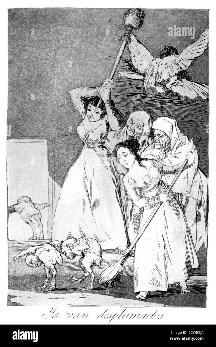 Là, ils vont, plucked", 1799 artiste: Francisco Goya. Assiette 20 de 'Los Caprichos'. Los Caprichos est un ensemble de 80 tirages en aquatinte et gravure créés par l'artiste espagnol Francisco Goya en 1797 et 1798, et publiés comme un album en 1799. Banque D'Images