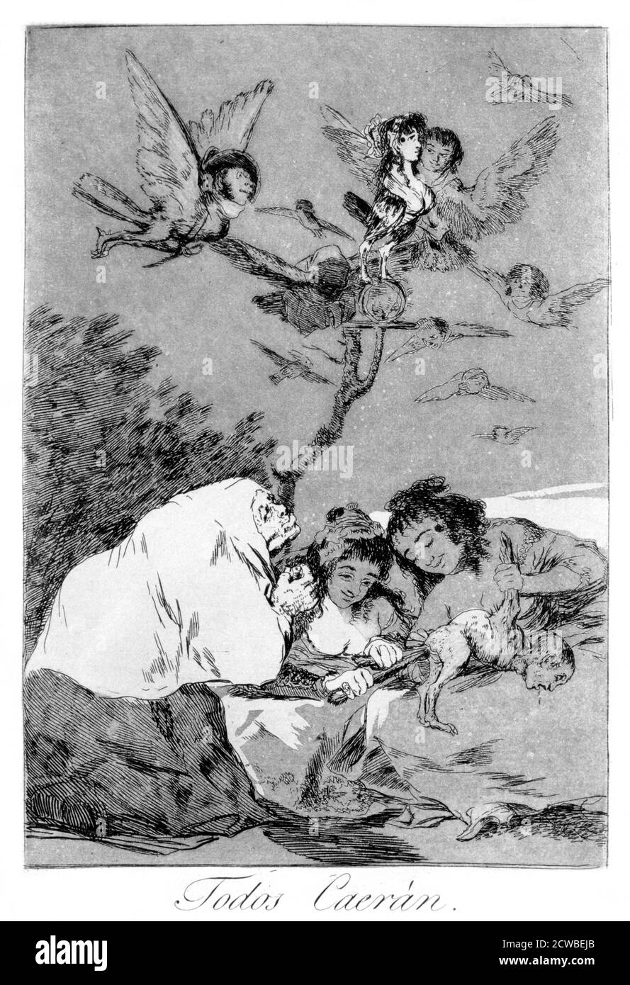 « All will Fall », 1799 artiste : Francisco Goya. Assiette 19 de 'Los Caprichos'. Los Caprichos est un ensemble de 80 tirages en aquatinte et gravure créés par l'artiste espagnol Francisco Goya en 1797 et 1798, et publiés comme un album en 1799. Banque D'Images