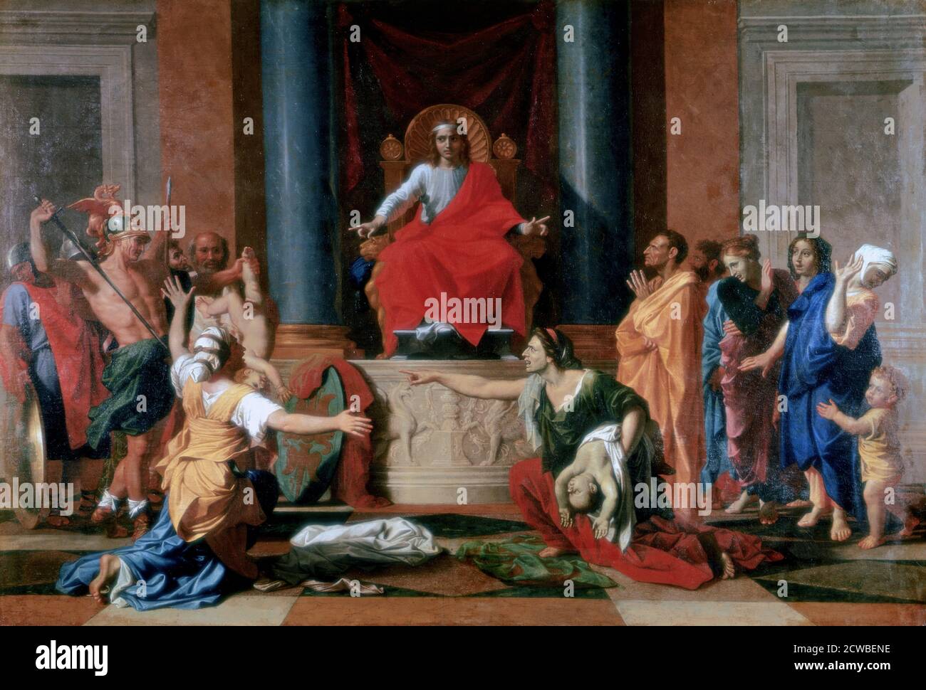 Le jugement de Salomon, 1649. Artiste: Nicolas Poussin. Nicolas Poussin (1594-1665) est le principal peintre du style baroque français classique. La plupart de ses travaux portaient sur des sujets religieux et mythologiques. Banque D'Images