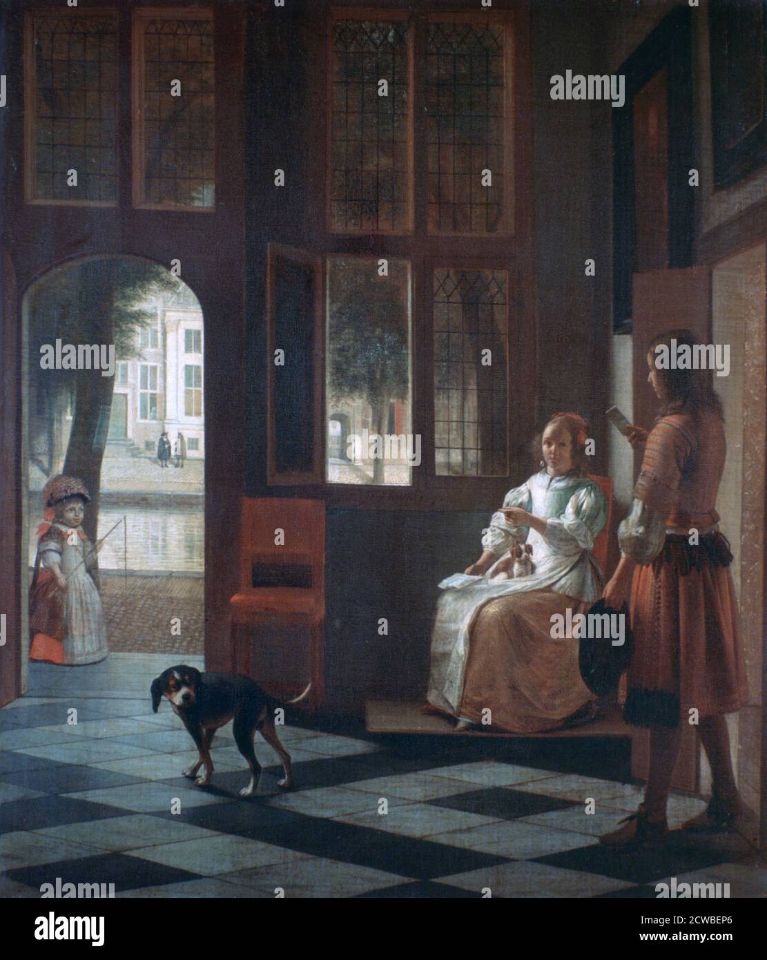 Une femme dirigeant un jeune homme avec un artiste de lettre: Pieter de Hooch. Pieter de Hooch (1629-1684) était un peintre hollandais de l'âge d'or célèbre pour ses œuvres de genre de scènes domestiques tranquilles. Banque D'Images