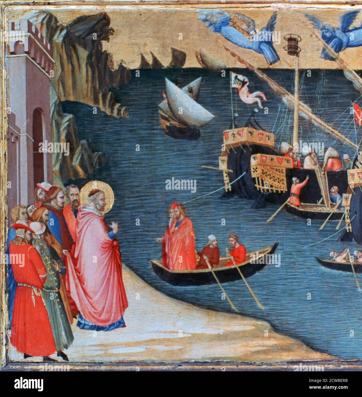 St Nicholas sauve Mira de Famine', c1327-1332. Artiste: Ambrogio Lorenzetti. Ambrogio Lorenzetti (1290-1348) est un peintre italien de l'école siennoise. Il a peint l'allégorie du bon et du mauvais gouvernement dans la Sala dei Nove dans le Palazzo Pubblico de Sienne. Banque D'Images