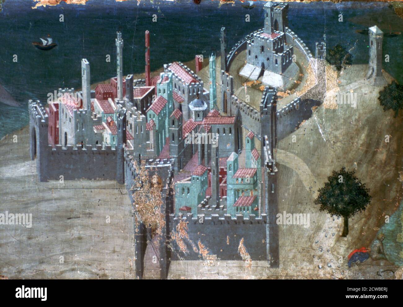 Vue sur une ville côtière, c1300-1348. Artiste: Ambrogio Lorenzetti. Ambrogio Lorenzetti (1290-1348) est un peintre italien de l'école siennoise. Il a peint l'allégorie du bon et du mauvais gouvernement dans la Sala dei Nove dans le Palazzo Pubblico de Sienne. Banque D'Images
