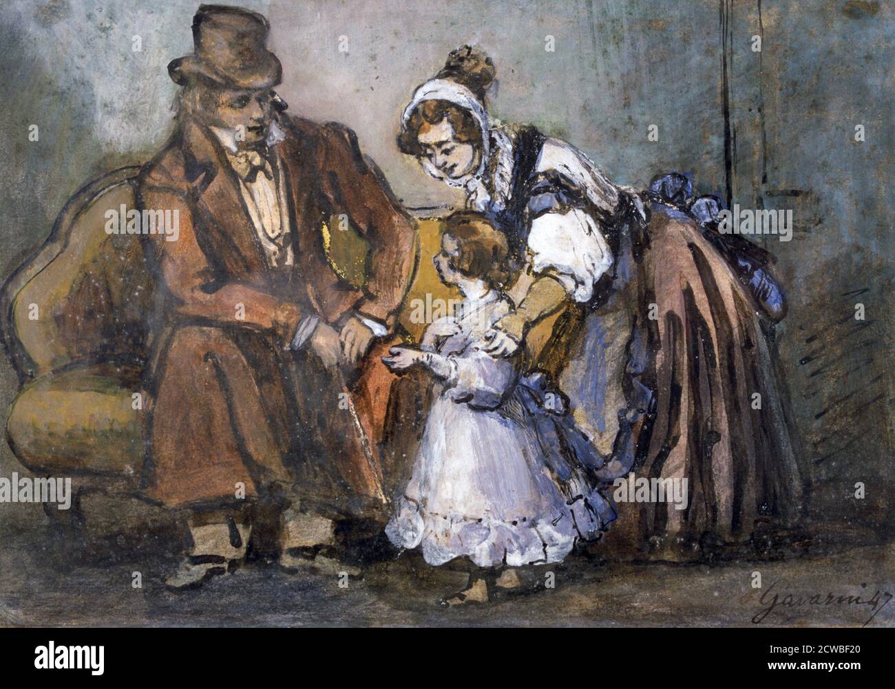 La famille heureuse », 1847. Artiste: Paul Gavarni. Paul Gavarni (1804-1866) est le nom de plume de Sulpice Guillaume Chevalier, illustrateur français né à Paris. Banque D'Images