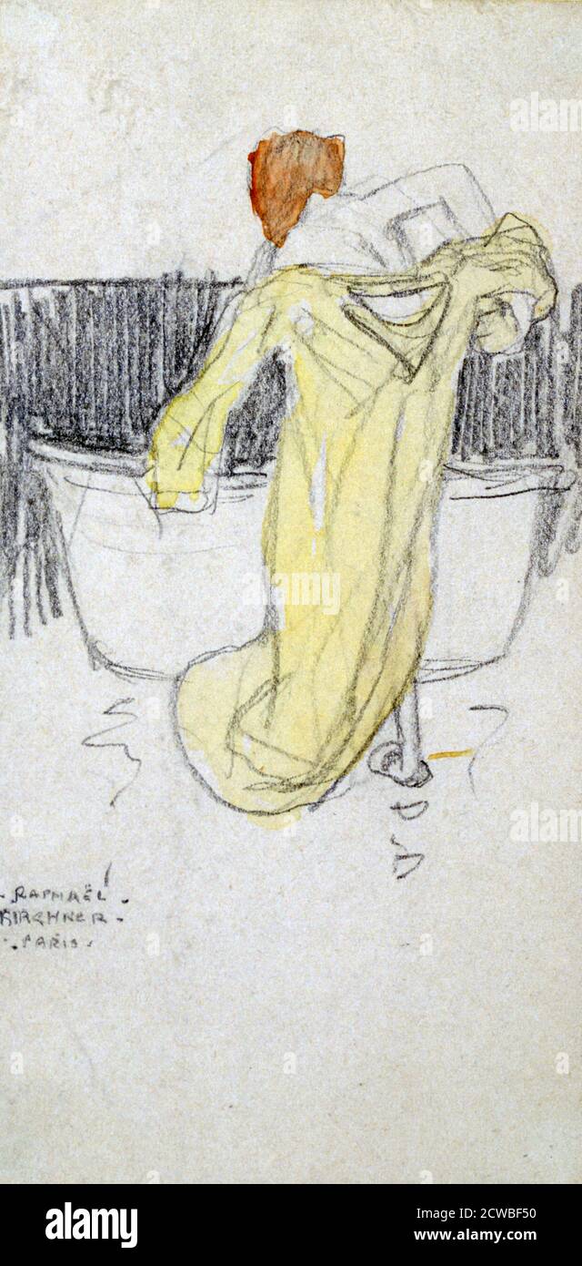 Femme à tête rouge avec un robe de chambre jaune dans la salle de bains, 1876-1917 artiste: Raphael Kirchner. Banque D'Images