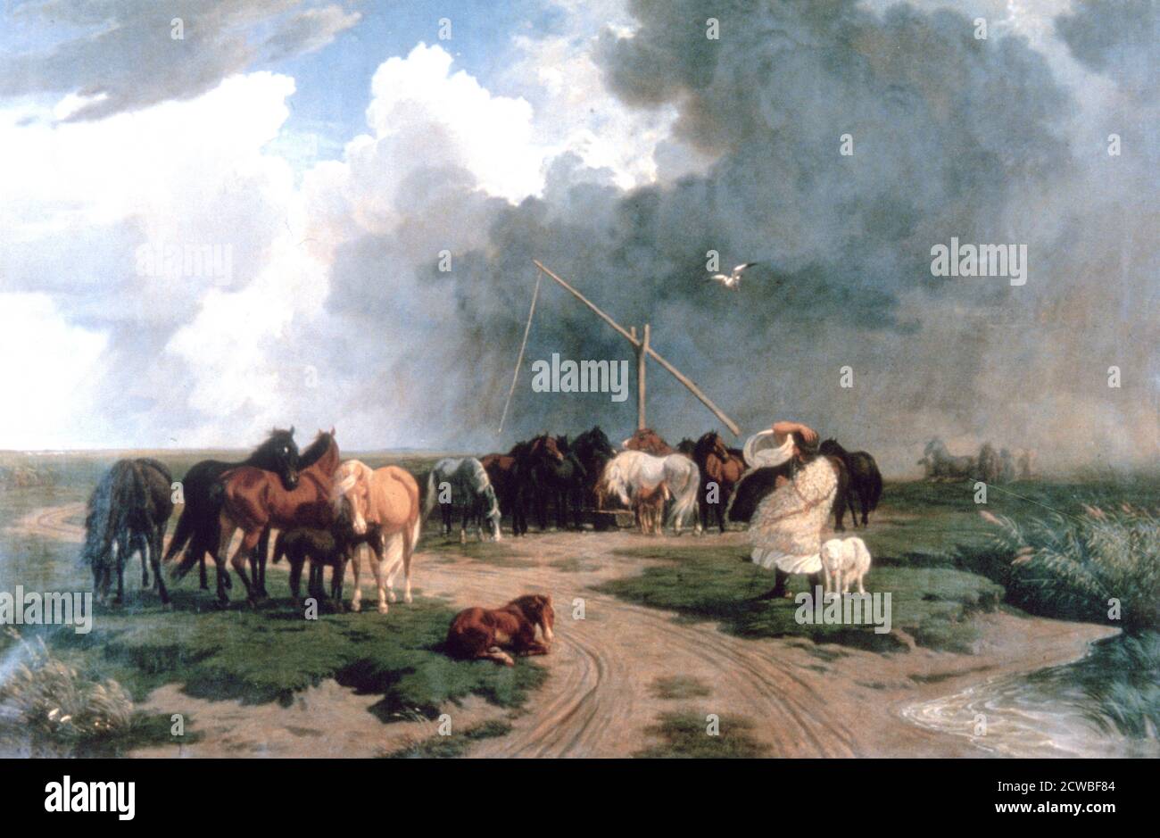 Chevaux dans la tempête, 1862. Artiste: Karoly Lotz. Karoly Lotz (1833-1904) est un peintre germano-hongrois. Banque D'Images