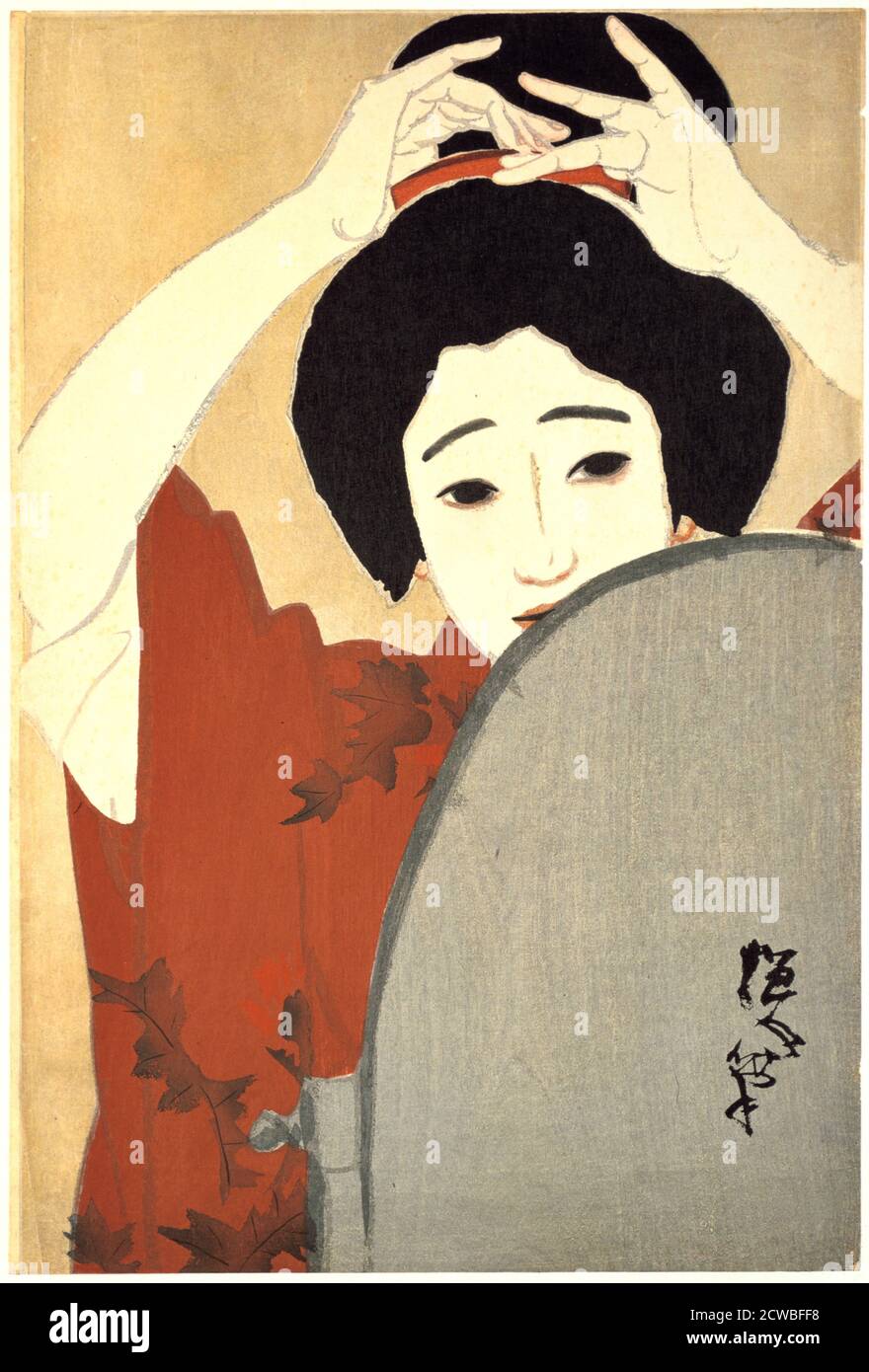 Femme en train de régler ses cheveux devant le miroir' par Kitano Tsunetomi:, 1930. Du British Museum, Londres. Banque D'Images