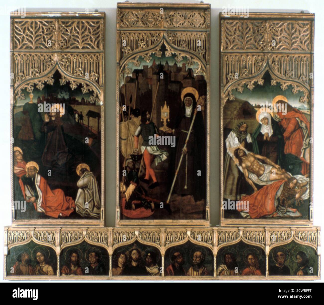 Triptyque de Santa Clara, 1486. Les panneaux décrivent Christ priant sur le Mont des oliviers, de Sainte Clare et du Miracle de la sauvegarde et de la Lamentation du Christ. Du Museu Nacional de Machado de Castro, Portugal. Artiste: Mestre Hilarius. Banque D'Images