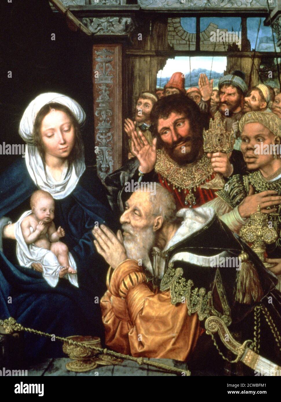 L'adoration des Mages, 1526. Artiste : Quentin Metsys I. Quentin Metsys I (1543-1589) est un peintre de la Renaissance flamande, l'un de ses compatriotes actifs en tant qu'artistes de la cour Tudor sous le règne d'Élisabeth Ire d'Angleterre. Banque D'Images
