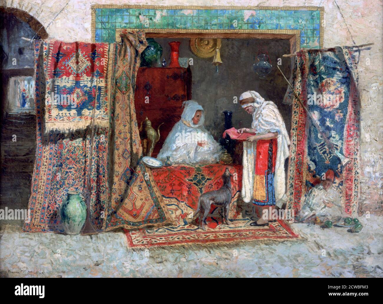 Tapis Merchant, c1870-1913. Artiste: Addison Thomas Millar. Addison Thomas Millar (1860-1913) est un peintre et artiste américain, connu pour ses scènes de genre et ses peintures orientalistes. Banque D'Images