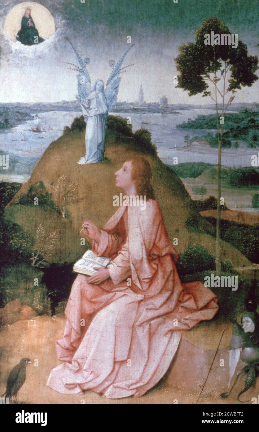 St John l'évangéliste sur Patmos, 1504-1505. Artiste: Hieronymus Bosch. Hieronymus Bosch est l'un des artistes les plus remarquables de la première école de peinture néerlandaise. Son travail, composé de peintures à l'huile sur bois contient des illustrations fantastiques de concepts religieux et de récits. Banque D'Images