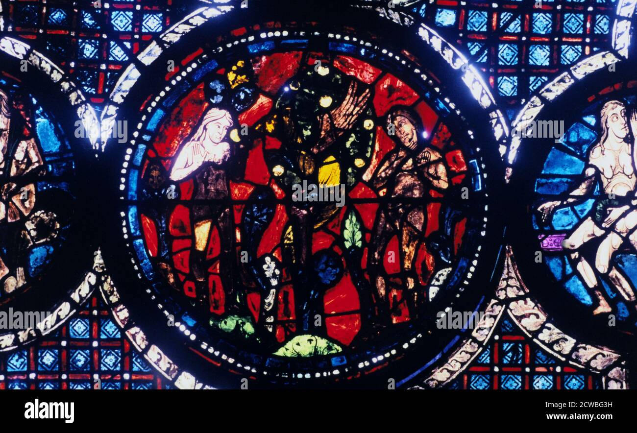 Adam et Eve (la chute de l'homme), le vitrail, la cathédrale de Chartres, France, 1194-1260. À partir de détails le Bon Samaritain et Adam et Eve dans la fenêtre côté sud. Banque D'Images