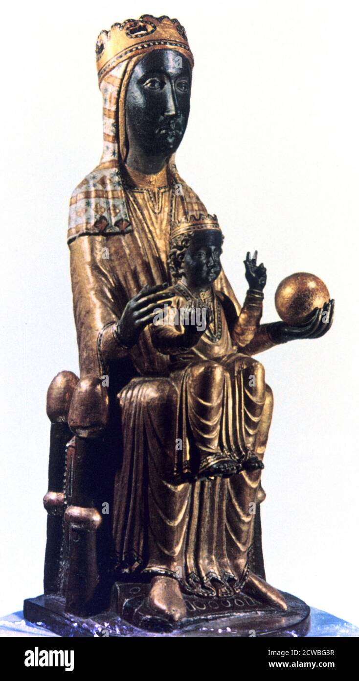 Vierge de Montserrat, en Catalogne, Espagne. Cette vierge noire dans l'abbaye bénédictine de Montserrat est dit avoir été sculptée par saint Luc. La statue en bois de style roman a été, en réalité, fait à la fin du 12ème siècle. La couleur sur son visage et ses mains est due à l'assombrissement du vernis au fil du temps. Banque D'Images