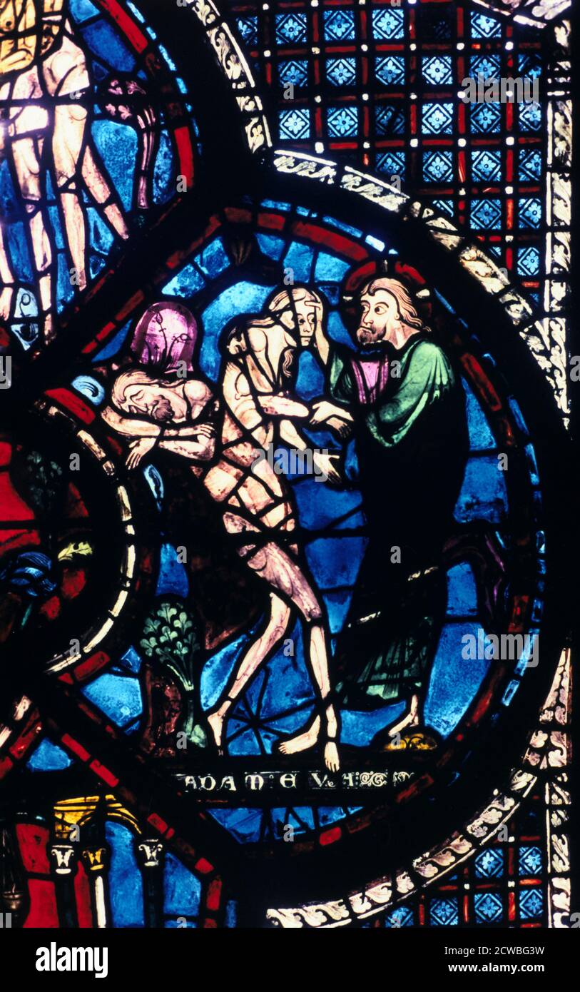 Création d'Eve, vitrail, Cathédrale de Chartres, France, 1205-1215. À partir de détails le Bon Samaritain et Adam et Eve dans la fenêtre côté sud. Banque D'Images
