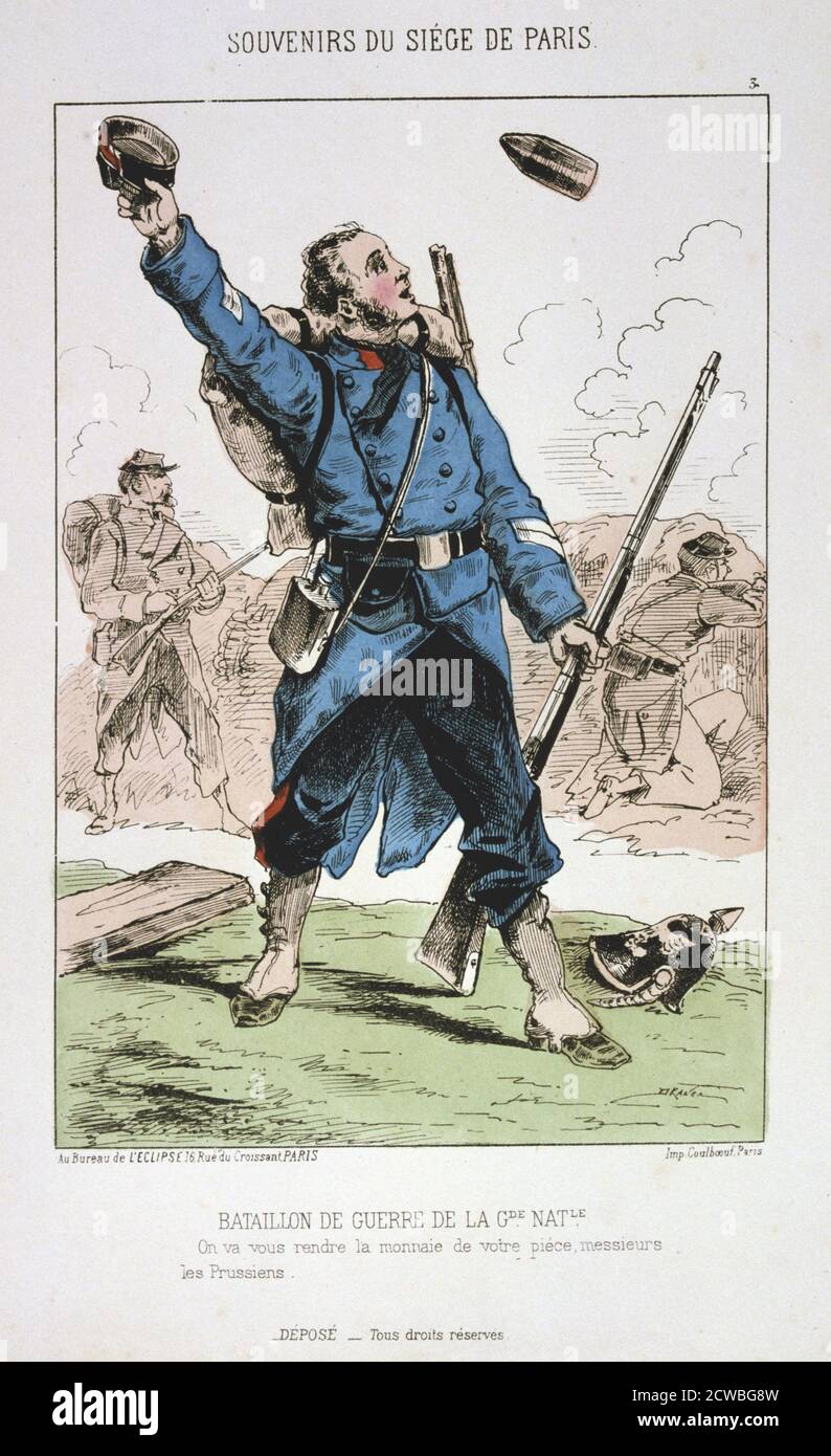 Bataillon de guerre de la Garde nationale, siège de Paris, 1870-1871. Imprimé d'une série intitulée souvenirs du siège de Paris. Après la défaite désastreuse des Français à Sedan et la capture de Napoléon III, les Prussiens ont encerclé Paris le 9 septembre 1870, assiégant la ville jusqu'à sa capitulation éventuelle en janvier 1871. Le Garde nationale était une armée recrutée parmi les citoyens de Paris pour la défendre contre toute agression prussienne. Ils ont contribué au renversement du gouvernement en mars 1871 et à la création de la commune de Paris. D'une collection privée. Banque D'Images