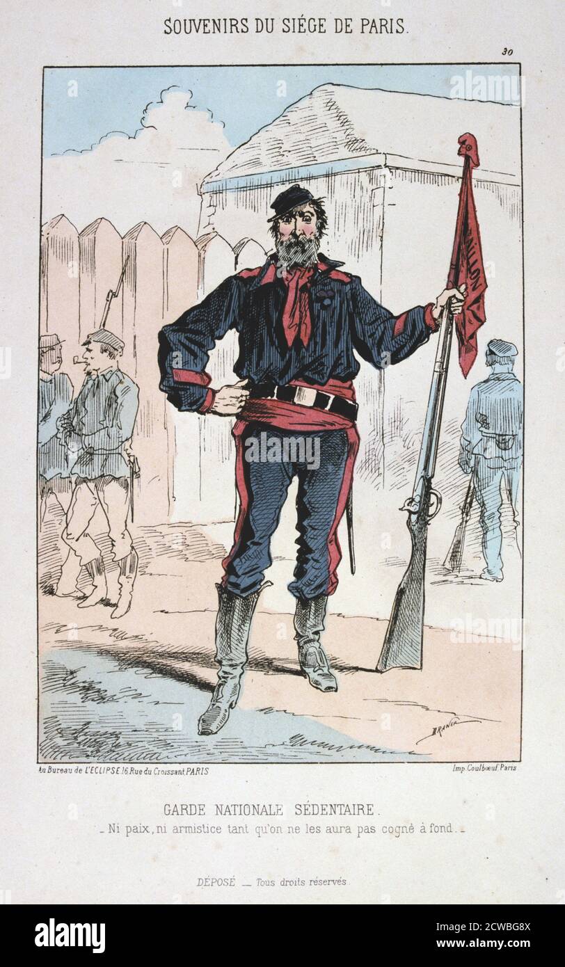 Garde nationale Sedentaire', siège de Paris, 1870-1871. Imprimé d'une série intitulée souvenirs du siège de Paris. Après la défaite désastreuse des Français à Sedan et la capture de Napoléon III, les Prussiens ont encerclé Paris le 9 septembre 1870, assiégant la ville jusqu'à sa capitulation éventuelle en janvier 1871. Le Garde nationale était une armée recrutée parmi les citoyens de Paris pour la défendre contre toute agression prussienne. Ils ont contribué au renversement du gouvernement en mars 1871 et à la création de la commune de Paris. D'une collection privée. Banque D'Images