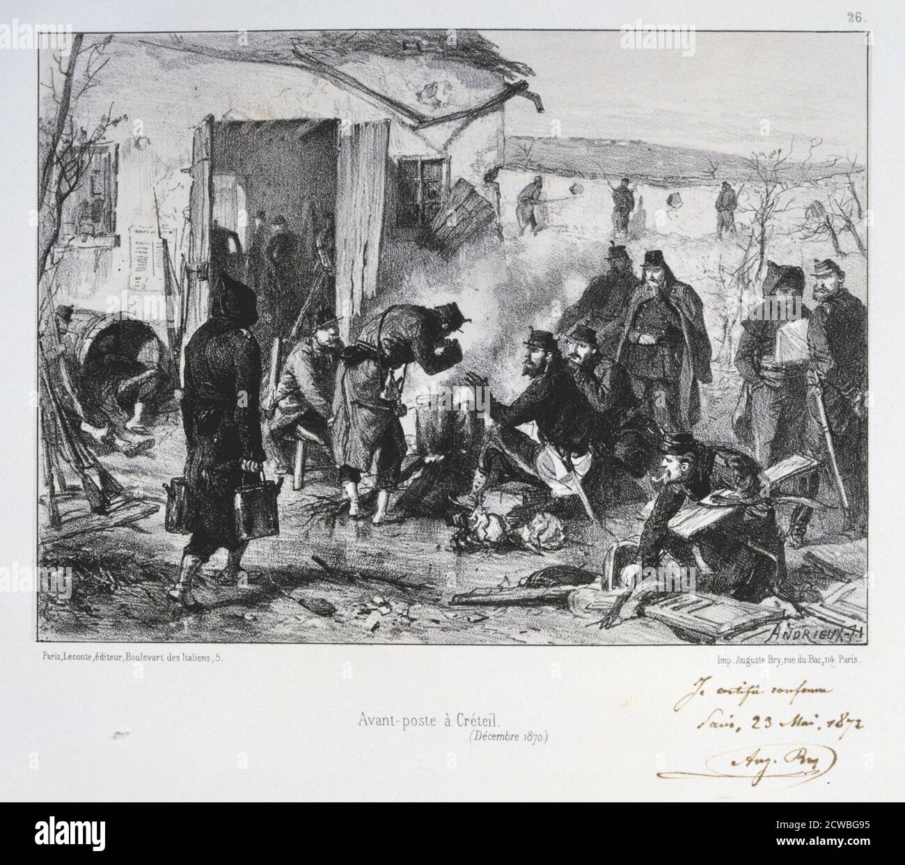 Poste de garde français avancé à Créteil, Siège de Paris par Auguste Bry, Guerre franco-prussienne, décembre 1870 (1872). Après la défaite désastreuse des Français à Sedan et la prise de Napoléon III, les Prussiens ont encerclé Paris le 9 septembre 1870. La ville s'est maintenue malgré la famine, la maladie et le froid jusqu'à ce qu'un bombardement avec de lourdes armes de siège conduisit à sa capitulation le 28 janvier 1871. D'une collection privée. Banque D'Images
