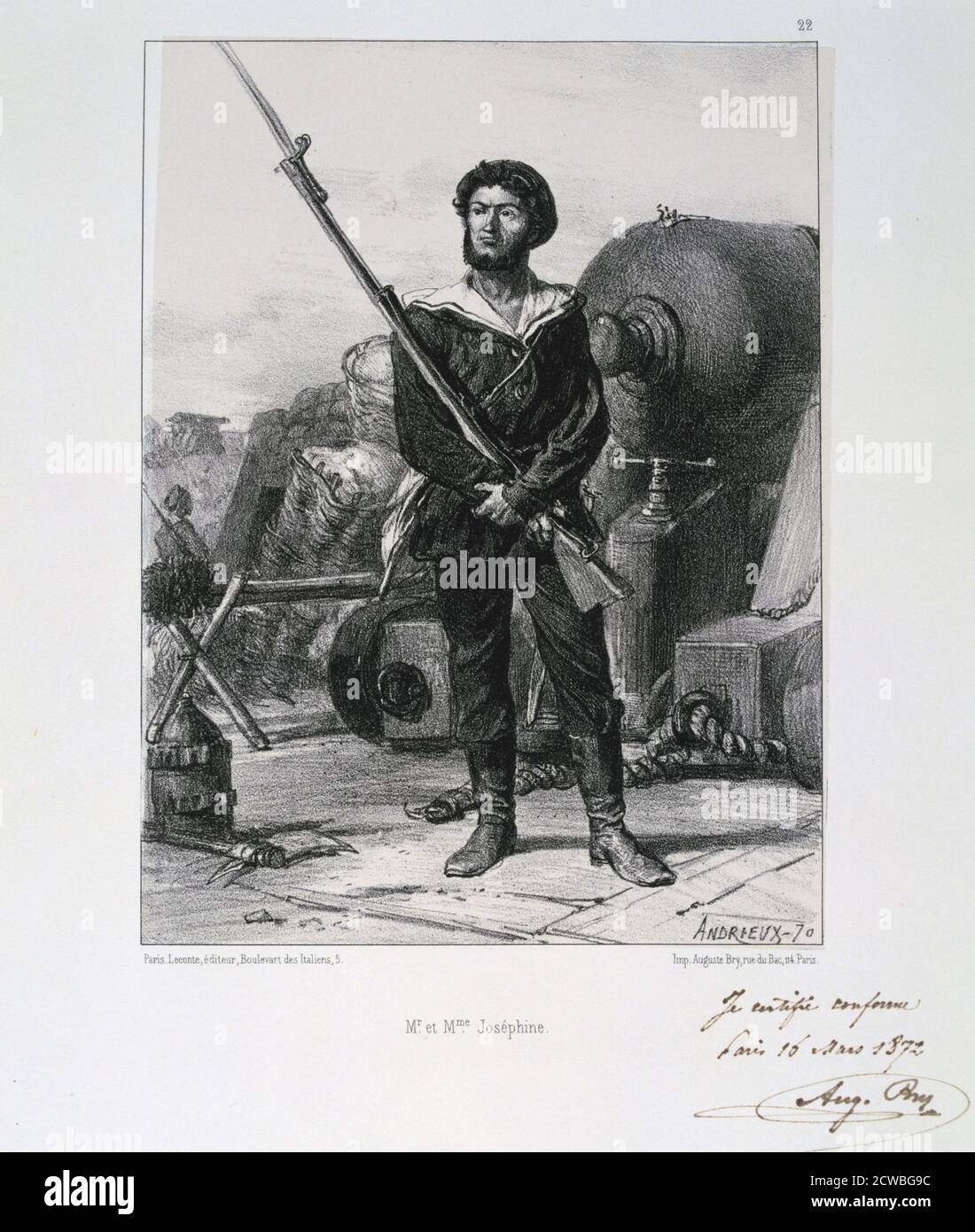 M et Mme Josephine', Siège de Paris par Auguste Bry, Guerre franco-prussienne, 1870 (1872). Un soldat, tenant une carabine à baïonnette, debout devant une pièce d'artillerie lourde. D'une collection privée. Banque D'Images