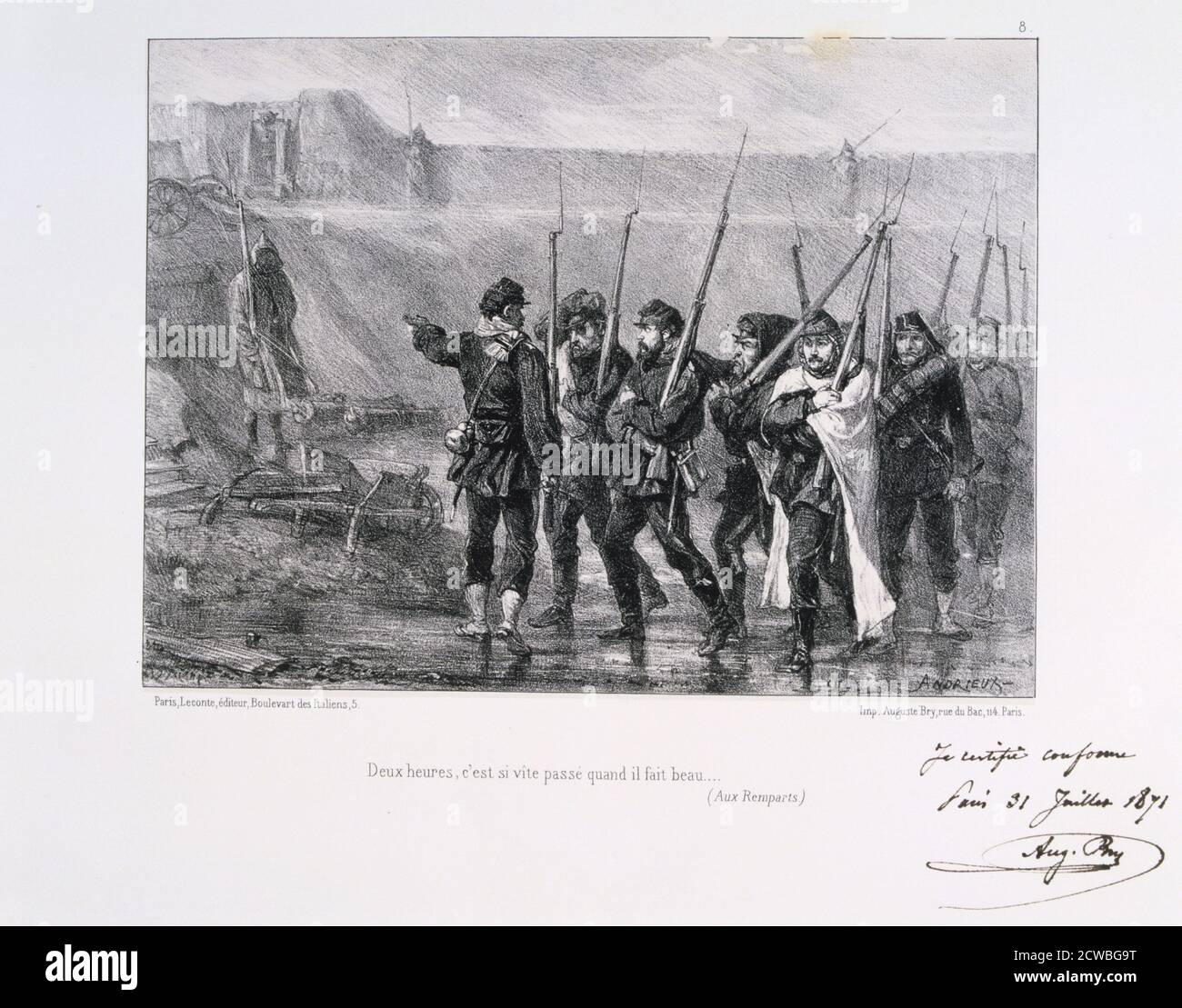 Deux heures, c'est si vite passe quand il fait beau', siège de Paris par Auguste Bry, 1870-1871 (1871). Un groupe de soldats français à l’apparence réticente se préparant à aller en première ligne en service de garde. Après la défaite désastreuse des Français à Sedan et la prise de Napoléon III, les Prussiens ont encerclé Paris le 9 septembre 1870. La ville s'est maintenue malgré la famine, la maladie et le froid jusqu'à ce qu'un bombardement avec de lourdes armes de siège conduisit à sa capitulation le 28 janvier 1871. D'une collection privée. Banque D'Images