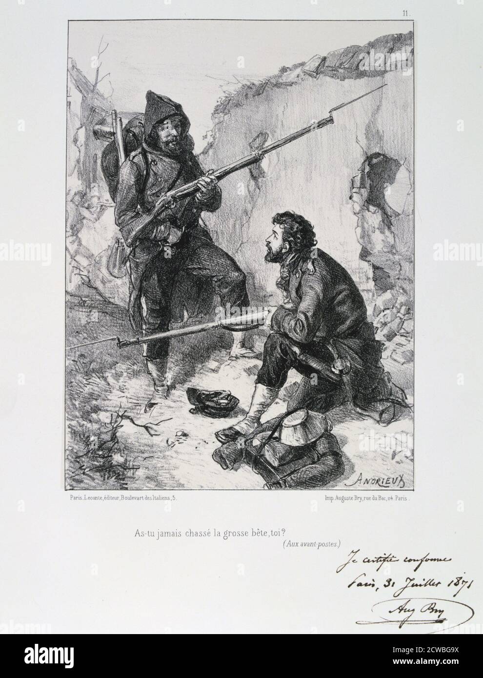 Dans les tranchées, siège de Paris, guerre franco-prussienne d'auguste bry, 1870-1871 (1871). Après la défaite désastreuse des Français à Sedan et la prise de Napoléon III, les Prussiens ont encerclé Paris le 9 septembre 1870. La ville s'est maintenue malgré la famine, la maladie et le froid jusqu'à ce qu'un bombardement avec de lourdes armes de siège conduisit à sa capitulation le 28 janvier 1871. D'une collection privée. Banque D'Images