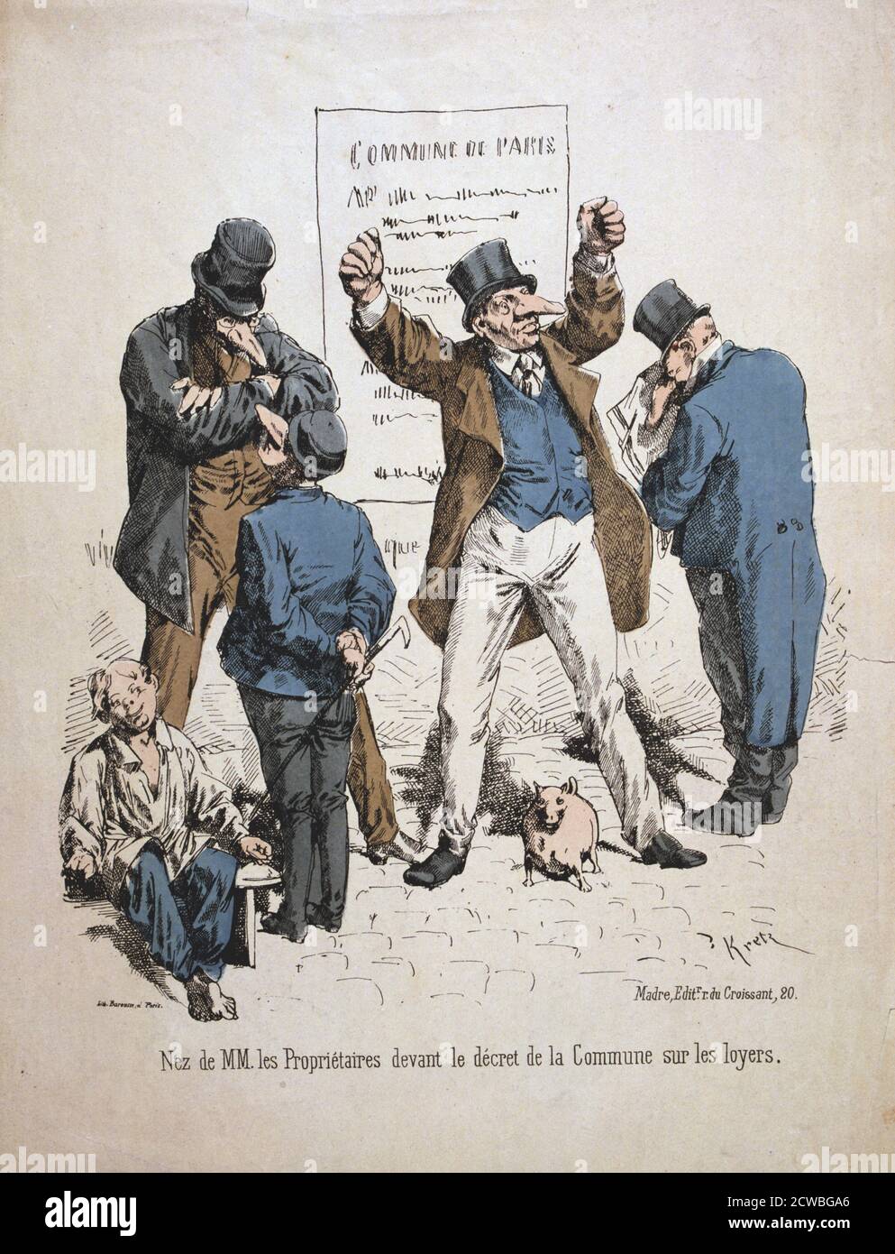 Caricature de la propriétaires, Commune de Paris, 1871. La Commune de Paris a été créé lorsque les citoyens de Paris, beaucoup d'entre eux, les gardes nationaux armés se sont rebellés contre les politiques du gouvernement conservateur formé après la fin de la guerre franco-prussienne. Le régime de gauche de la Commune sévissait dans Paris pendant deux mois jusqu'à ce les troupes gouvernementales ont repris la ville de combats sanglants en mai 1871. Les événements de la commune ont été une inspiration pour Karl Marx ainsi que plus tard les dirigeants communistes y compris Lénine, Trotsky et Mao. D'une collection privée. Banque D'Images