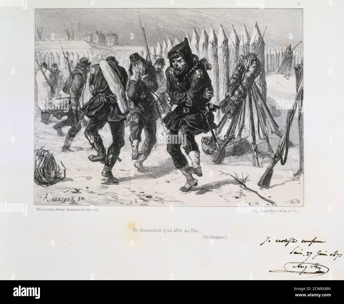 Siège de Paris, guerre franco-prussienne par Auguste Bry, 1870 (1871). Des soldats français glaciaux dansant pour essayer de rester au chaud. Après la défaite désastreuse des Français à Sedan et la prise de Napoléon III, les Prussiens ont encerclé Paris le 9 septembre 1870. La ville s'est maintenue malgré la famine, la maladie et le froid jusqu'à ce qu'un bombardement avec de lourdes armes de siège conduisit à sa capitulation le 28 janvier 1871. D'une collection privée. Banque D'Images