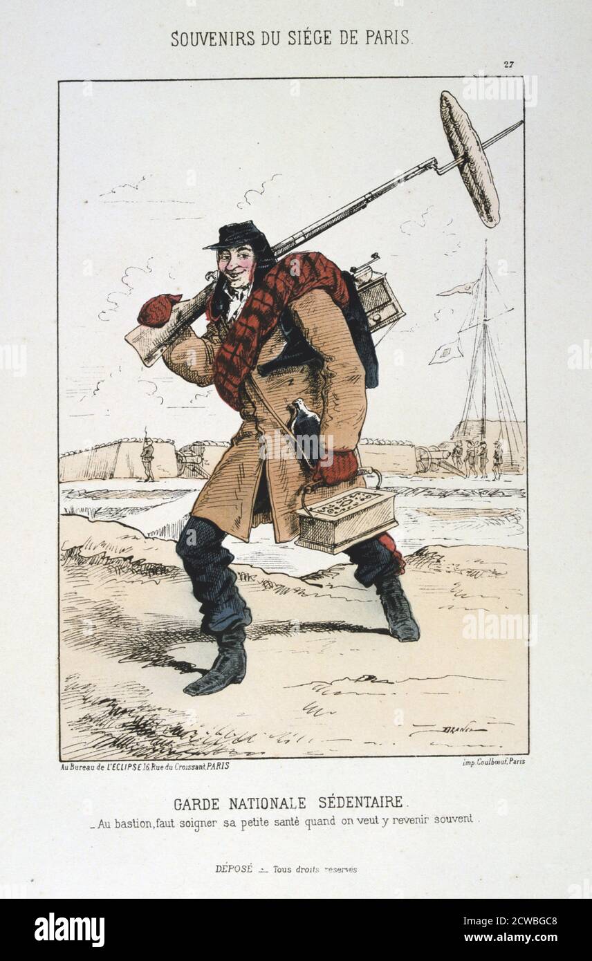 Garde nationale Sedentaire', siège de Paris, guerre franco-prussienne, 1870-1871. Un soldat français avec un pain de pain français a percuté sa baïonnette. Après la défaite désastreuse des Français à Sedan et la prise de Napoléon III, les Prussiens ont encerclé Paris le 9 septembre 1870. La ville s'est maintenue malgré la famine, la maladie et le froid jusqu'à ce qu'un bombardement avec de lourdes armes de siège conduisit à sa capitulation le 28 janvier 1871. Imprimé d'une série intitulée souvenirs du siège de Paris. D'une collection privée. Banque D'Images