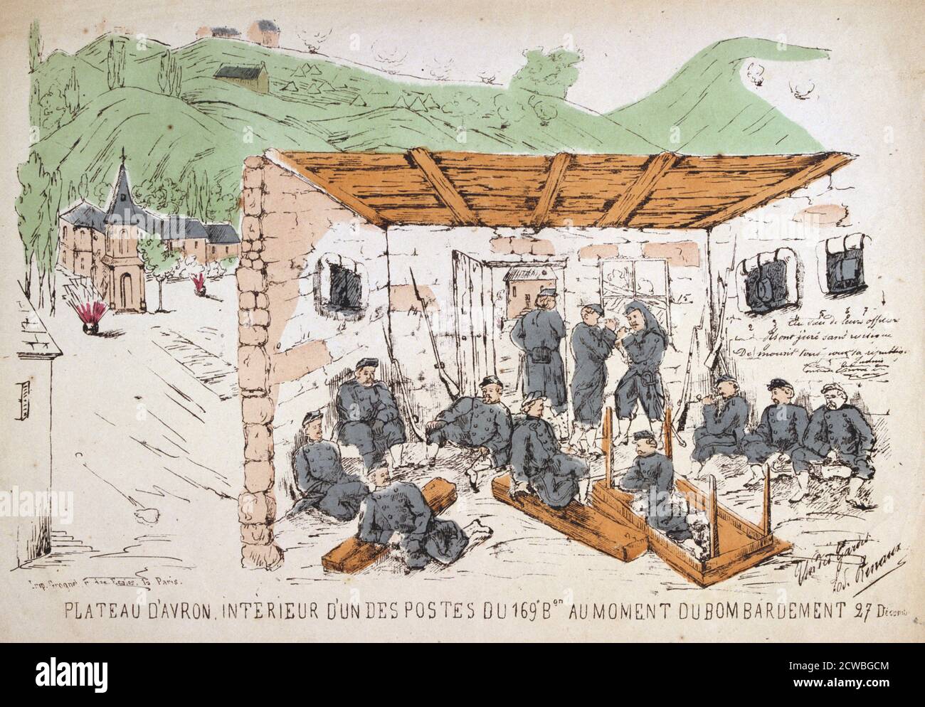 Soldats à l'intérieur d'un bâtiment au cours d'un bombardement, le plateau d'Avron, guerre franco-prussienne, décembre 1870. Une pièce d'importance stratégique de haute terre, le plateau d'Avron a été défendu avec acharnement par les Français contre les attaques et bombardements prussiens durant le siège de Paris jusqu'à ce que la décision a été prise le 29 décembre à l'abandonner. D'une collection privée. Banque D'Images