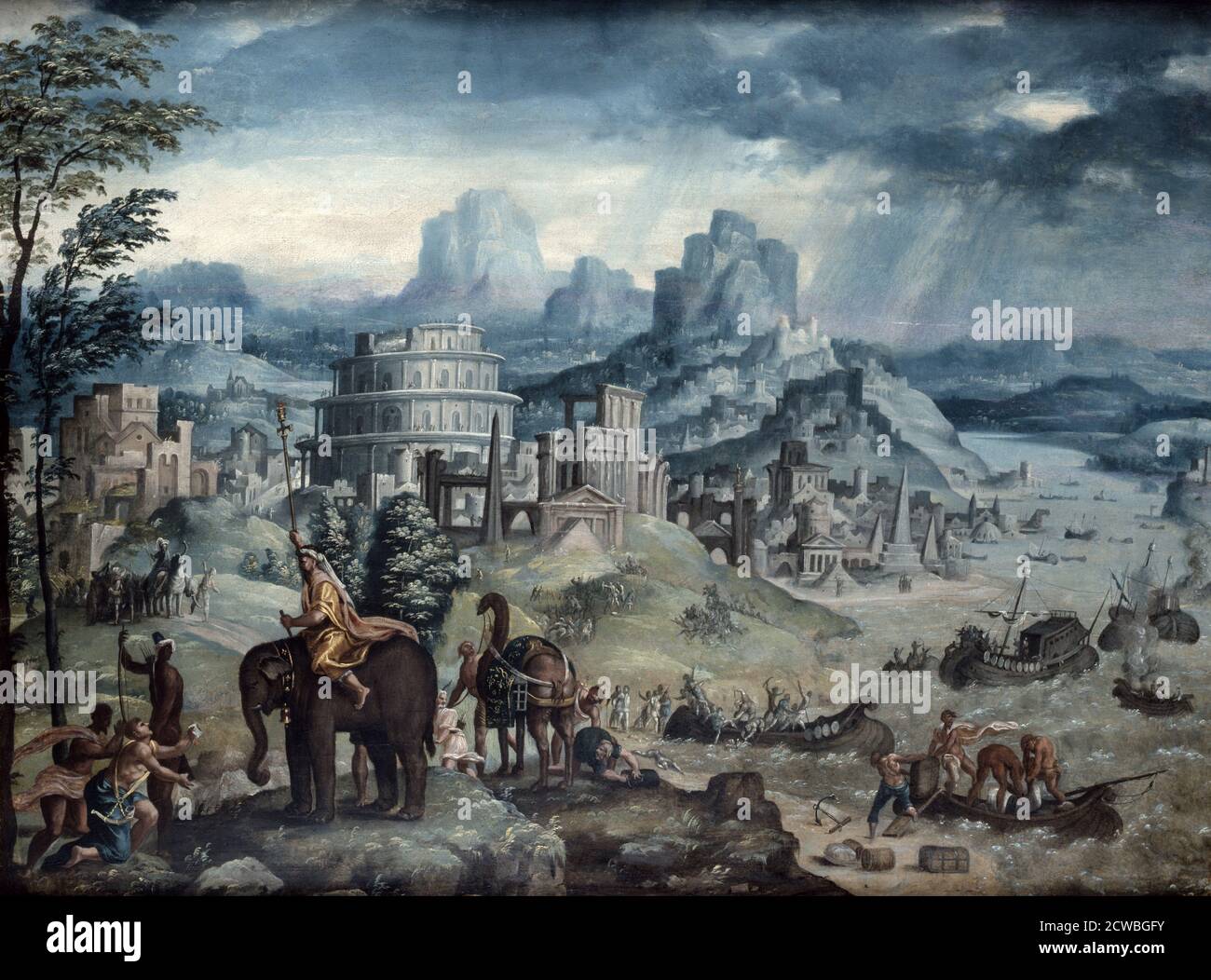 Bataille du lac Trasimène' , Italie. Huile sur toile par Leonard Thiry (c1500-c1550) artiste flamand. Bataille entre Rome et Carthage, 217 av. J.-C., dans la deuxième guerre punique. Banque D'Images