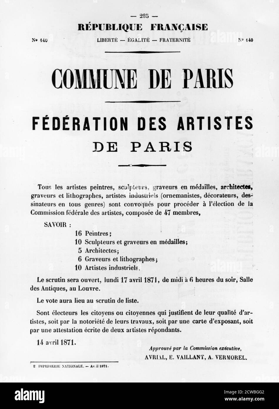 Fédération des artistes, d'affiches politiques françaises de la commune de Paris, mai 1871. Banque D'Images