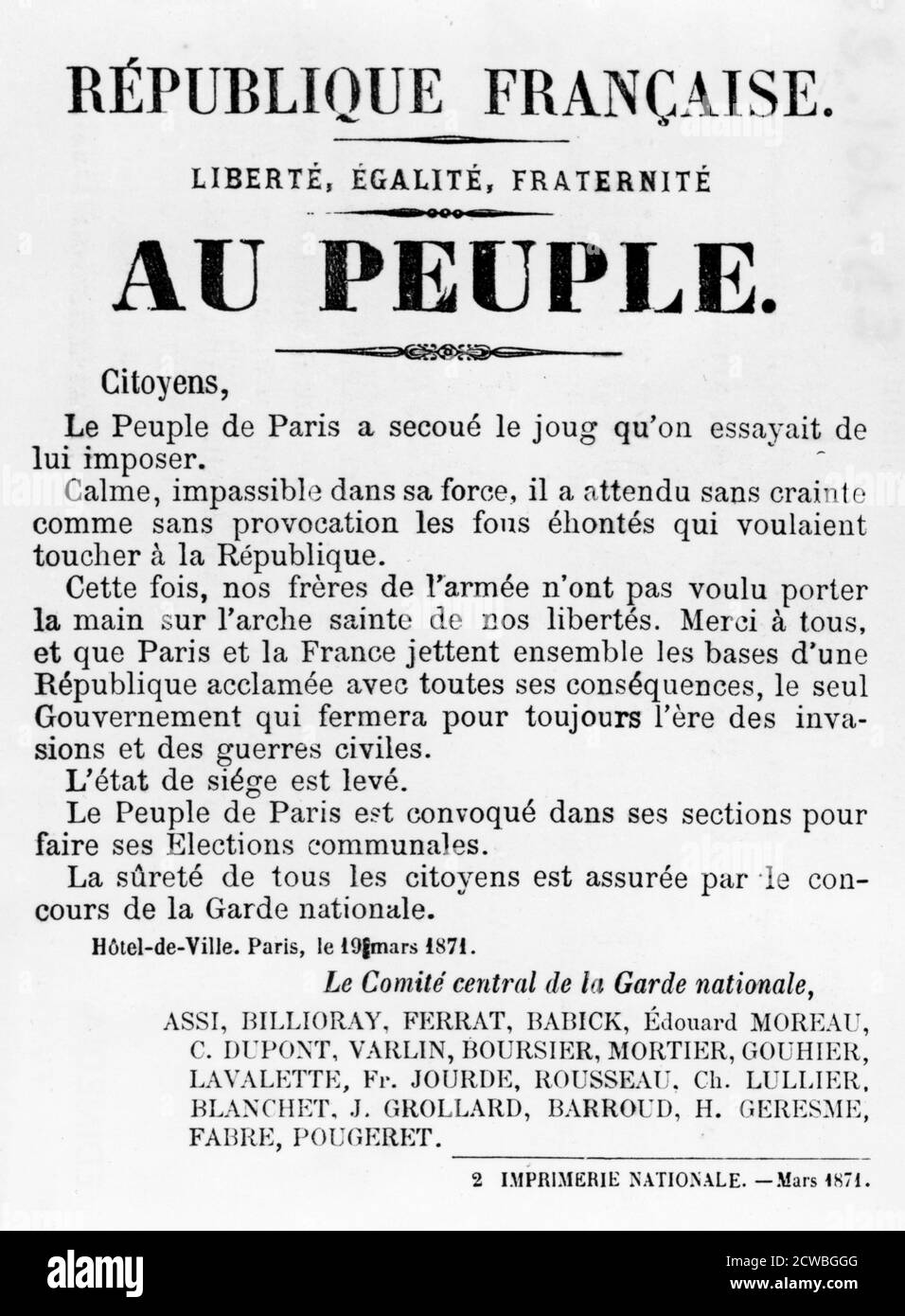Au Peuple, des posters politiques français de la commune de Paris, mai 1871. Banque D'Images