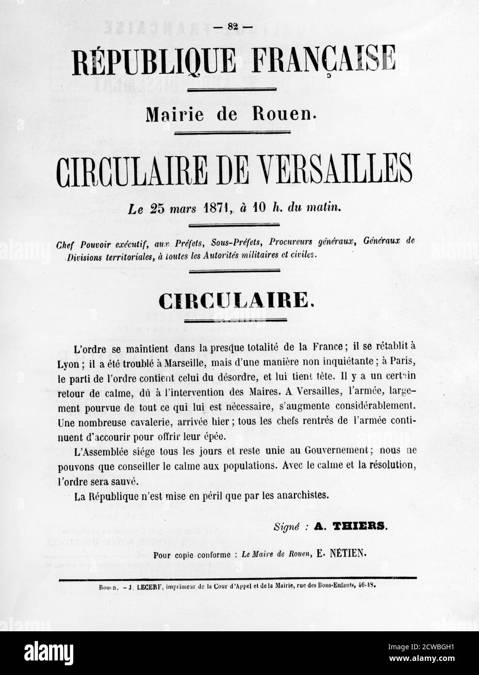 Circulaire de Versailles, d'affiches politiques françaises de la commune de Paris, mai 1871. Banque D'Images