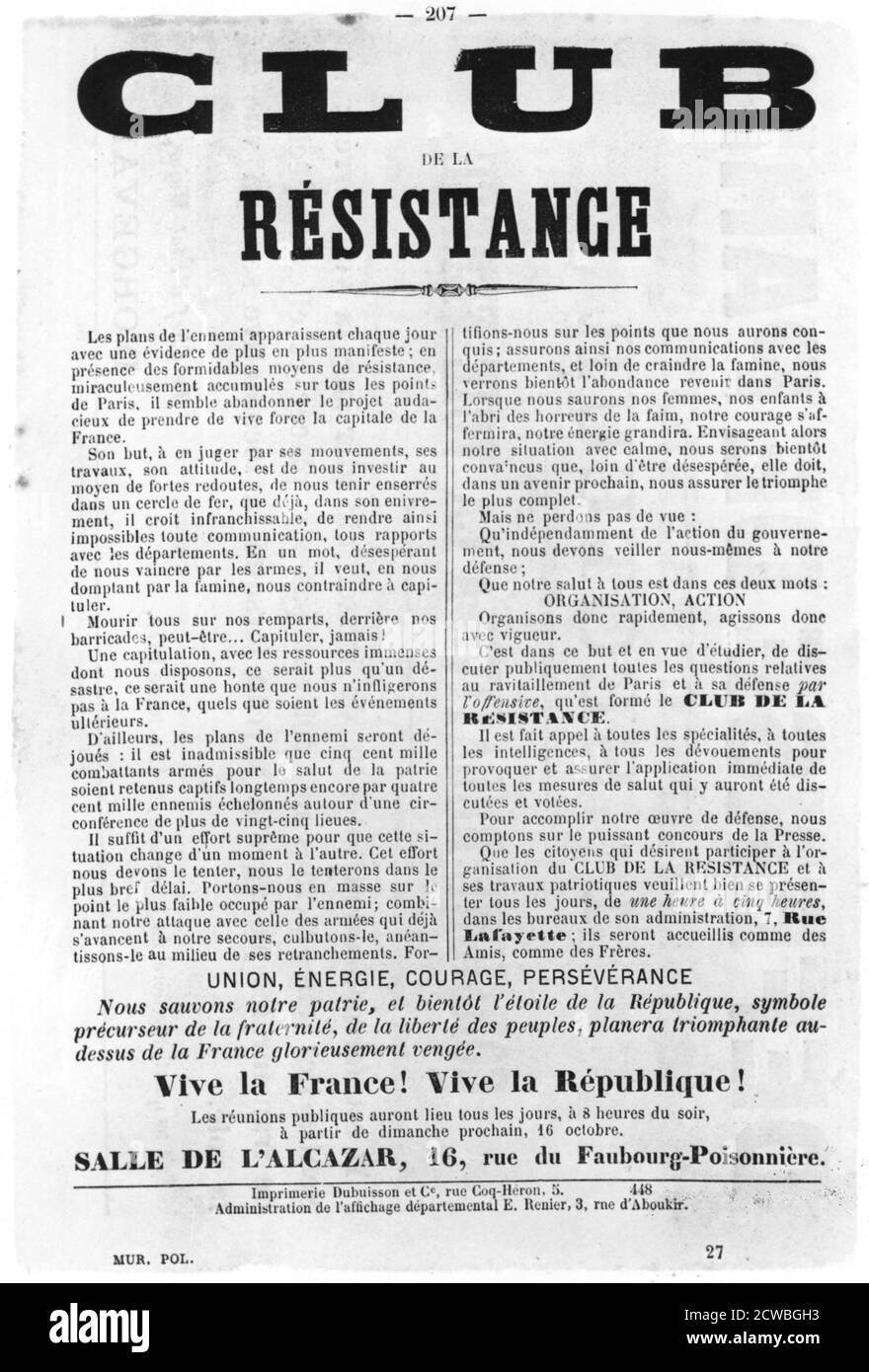 Club de la résistance, d'affiches politiques françaises de la commune de Paris, mai 1871. Banque D'Images