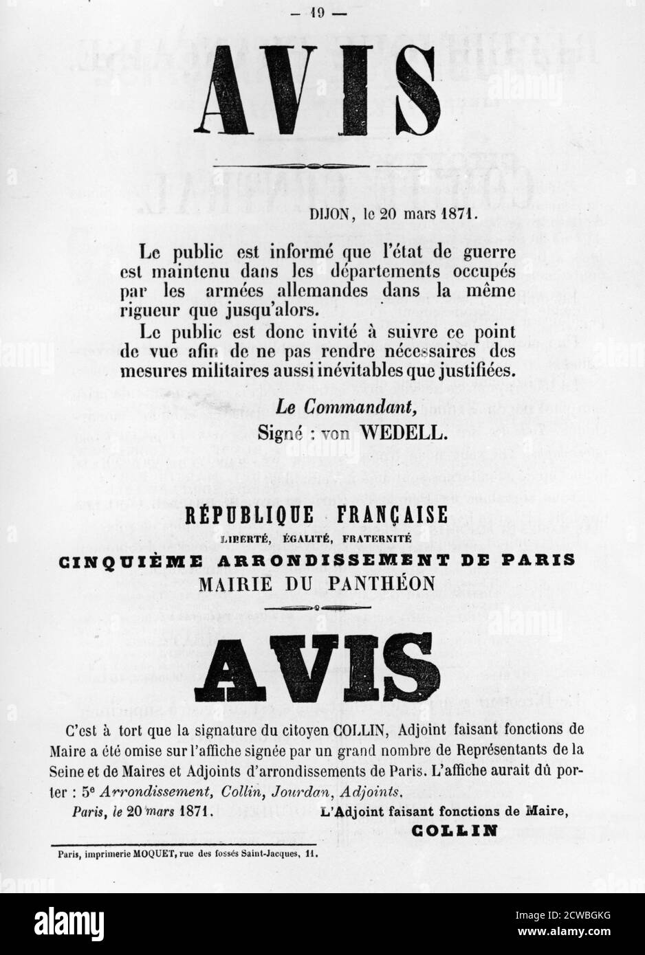 Avise, des affiches politiques françaises de la commune de Paris, mai 1871. Banque D'Images