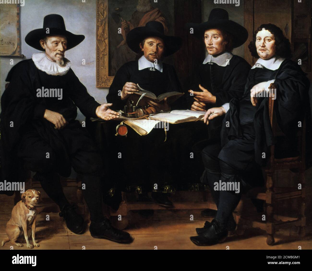 Quatre officiers de la guilde des coopeurs et des pétards d'Amsterdam, par Gerbrand van den Eeckhout, 1657.ce portrait de groupe montre les officiels de la guilde, qui comprenait des hommes qui ont fait des barils pour le vin importé à Amsterdam et ceux qui l'ont échantillonné et mis en bouteille. Le frère du peintre Jan figure parmi les noms qui figurent dans le document sur la table, mais il n'a pas été identifié. En arrière-plan est une peinture de Saint Matthias, Saint patron des coopers, et les outils sculptés dans le cadre sont ceux utilisés par les coopers dans la fabrication des canons. Le nom de la guilde est writte Banque D'Images