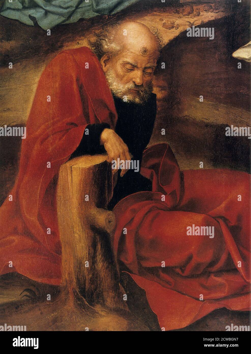 The Agony in the Garden', détail, 1527-1530. Dans le jardin de Gethsemane, l'apôtre Pierre s'est endormi rapidement, appuyé contre une souche d'arbre, tandis que Judas mène une foule de soldats, de scribes et de pontife au jardin pour arrêter Christ. Banque D'Images
