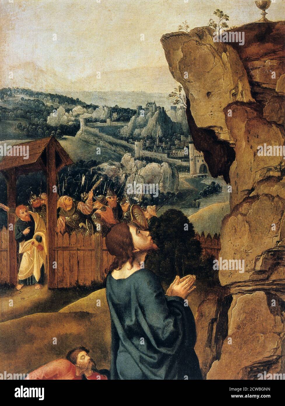 The Agony in the Garden', détail, 1527-1530. Dans le jardin de Gethsemane, le Christ s'agenouille et lève les yeux vers le calice qui se trouve sur l'affleurement de la roche, qui symbolise le calice du destin. Le Christ prie Dieu le Père, rongé par la peur de sa souffrance et de sa mort futures, de modifier le sort qui lui est fixé. En arrière-plan, nous voyons une foule de soldats, de scribes et de pontife armés d'épées, de lances, de landes et de torches, dirigés par Judas et se dirigeant vers le jardin de Gethsémané pour arrêter le Christ. Banque D'Images