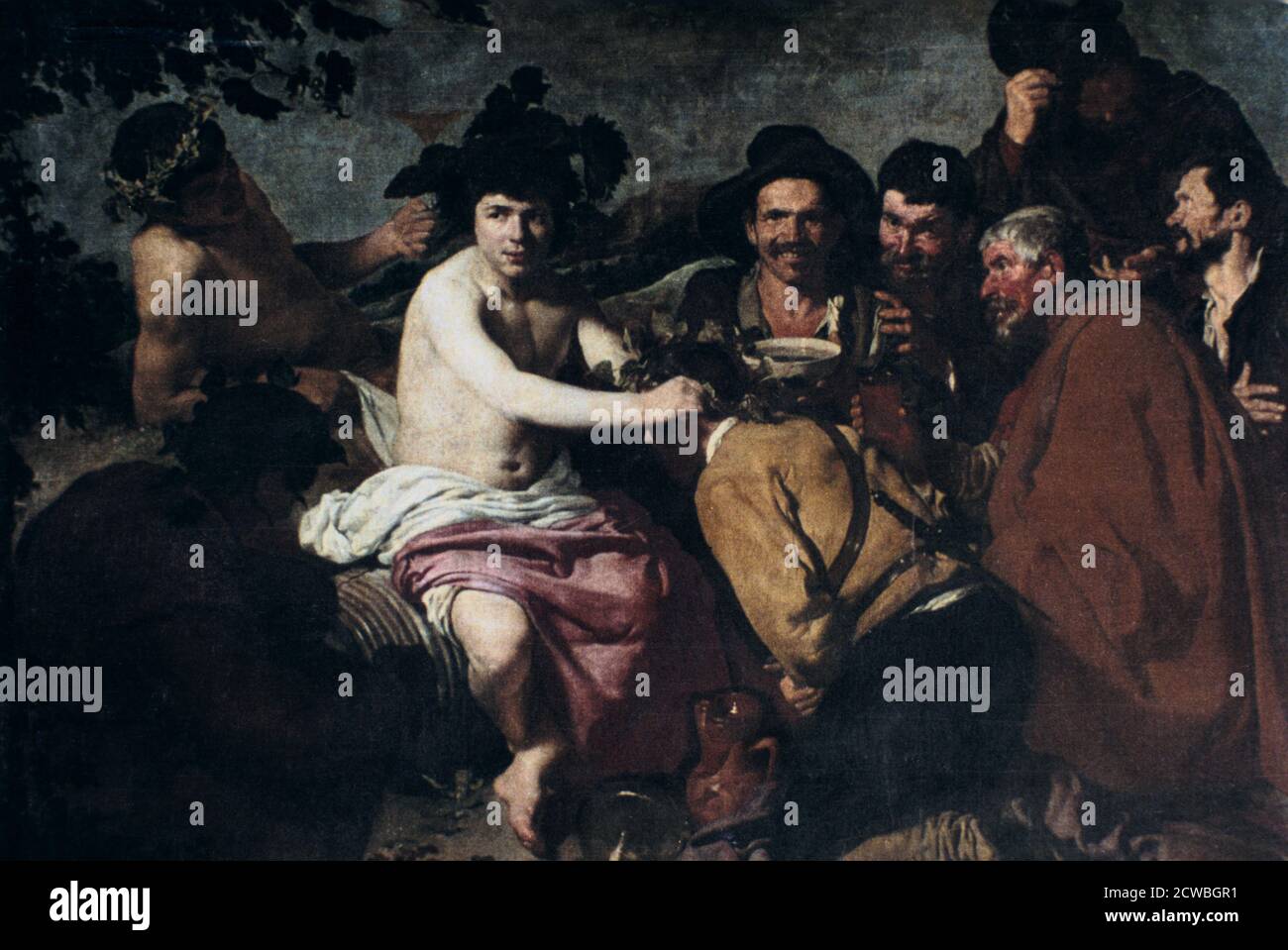 Le Triumph de Bacchus' ou "les drunkards", par Diego Velazquez, 17ème siècle. Velazquez, l'un des rares peintres espagnols à représenter des scènes mythologiques, a souvent été accusé de traiter les exploits et les contes des dieux classiques avec peu de respect, et même de moquerie. En fait, cependant, guidé par son réalisme magnifique, il a simplement ramené les dieux au monde mortel. La meilleure façon et la plus réaliste de présenter le triomphe du dieu du vin - Bacchus pour les Romains et Dionysius pour les Grecs - était de le montrer parmi un groupe de drunkards quotidiens. De la collection du Musée du Prado, Madrid, S. Banque D'Images