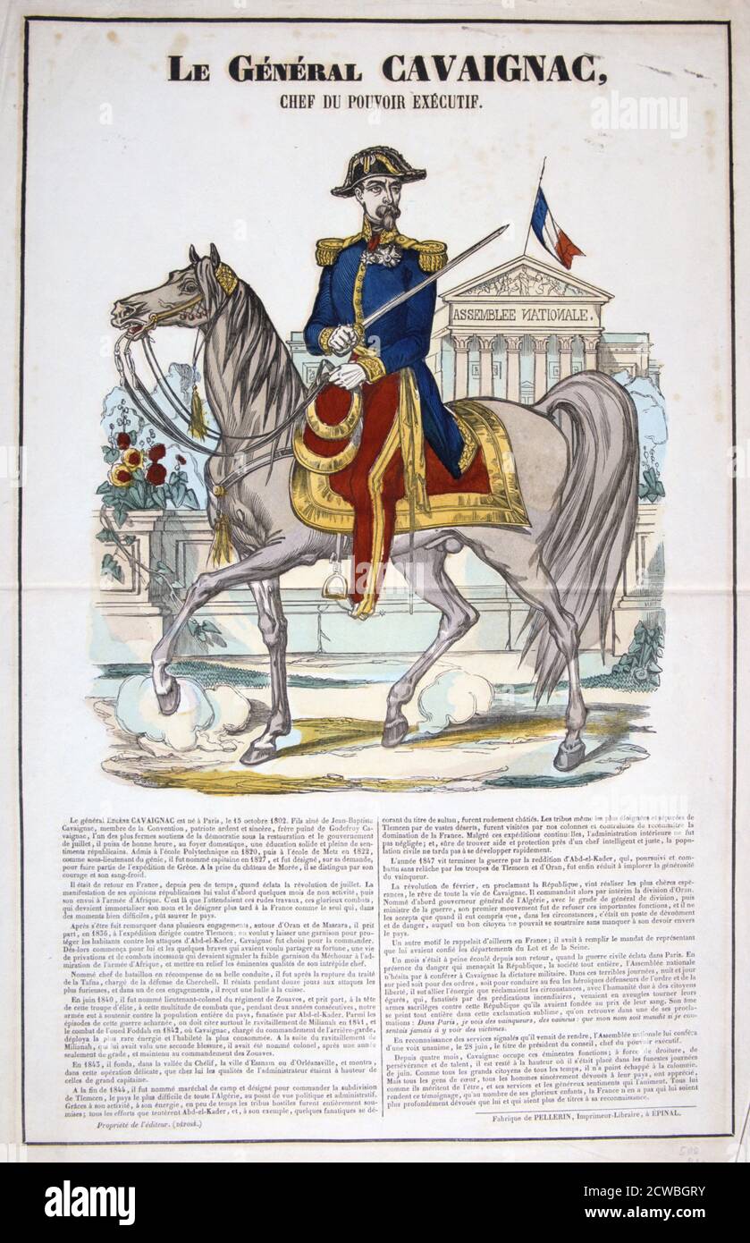 Le général Cavaignac 28 Juin 1848, France. Lithographie en couleur. Collection privée. Banque D'Images