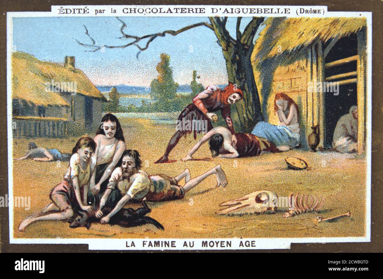 Les famines au Moyen Âge, (19e siècle). Une famille affamée tue un chien pour la nourriture. À partir de la carte d'une série produite par l'usine de chocolat au monastère d'Aiguebelle. Banque D'Images